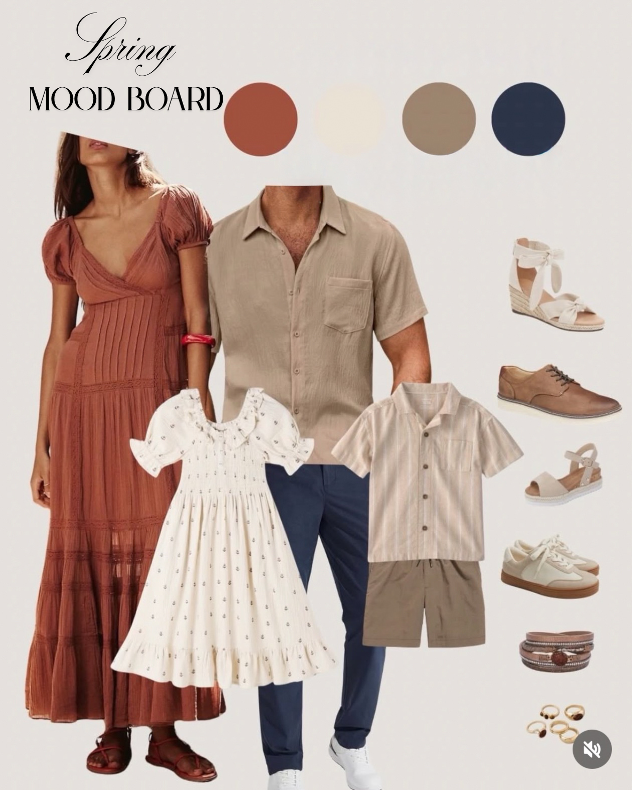 Spring mood board featuring a woman in a rust-colored maxi dress, a man in a beige short-sleeve shirt, a white dotted dress, beige shorts, and various neutral-colored shoes and accessories, including sandals, loafers, sneakers, bracelets, and rings.