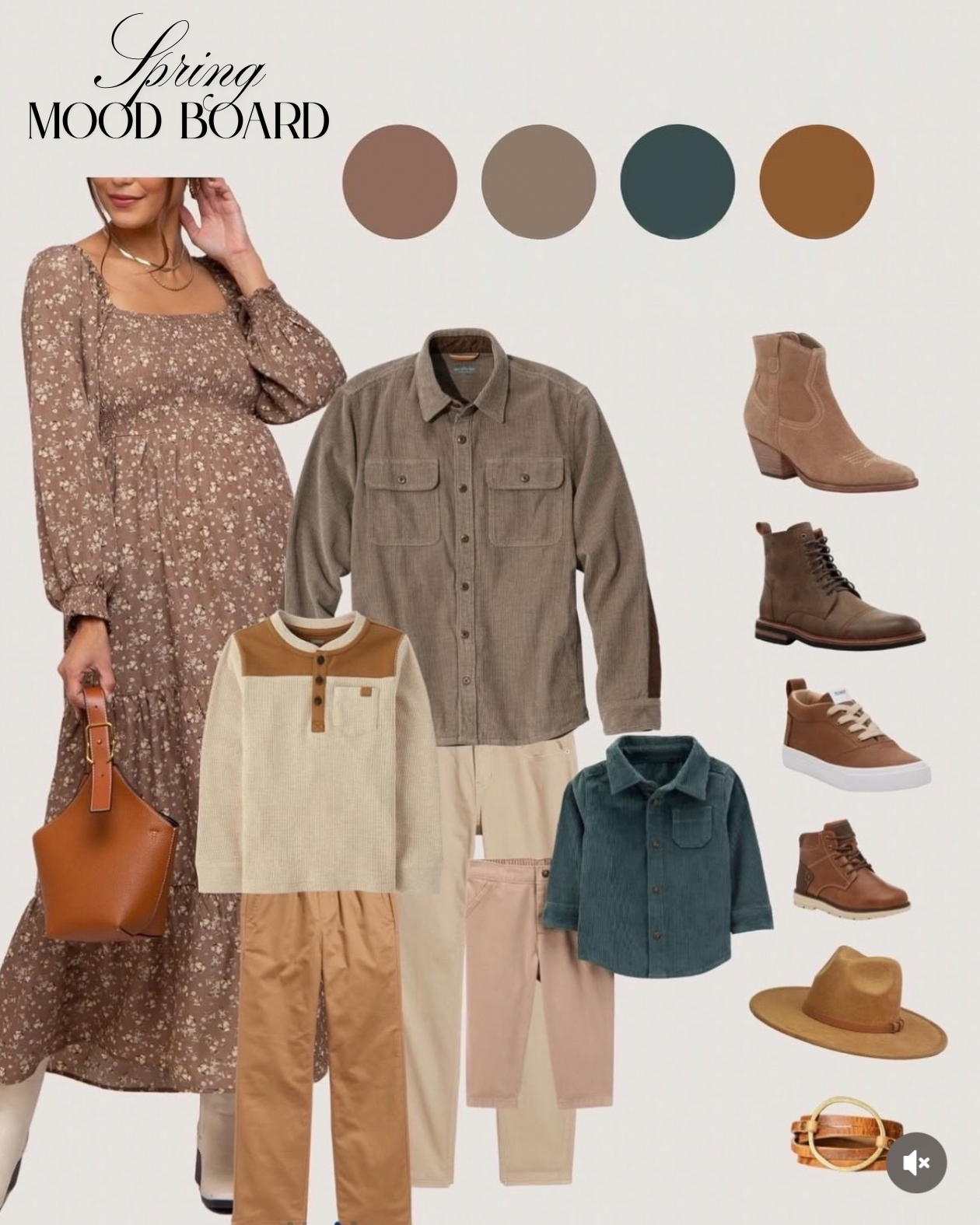 A spring fashion mood board featuring clothing and accessories in neutral and earth tones. Includes a floral maxi dress, a beige plaid shirt, a cream and brown sweater, beige pants, a teal shirt, and a beige outfit. Footwear options include tan ankle