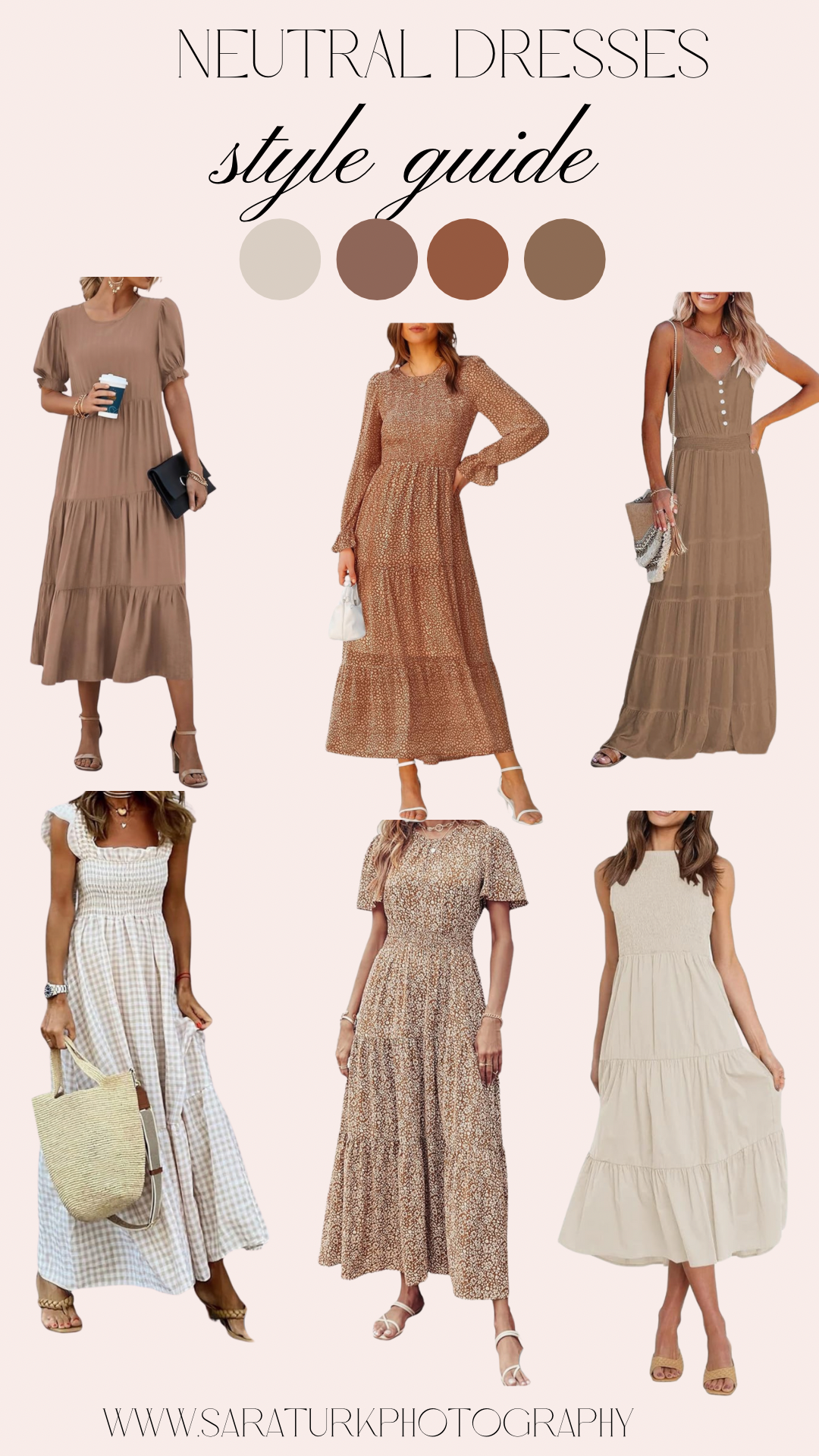 Collage of women wearing neutral dresses in a style guide. Dresses feature a range of beige and brown tones, including one with a polka dot pattern. Each woman pairs the dress with accessories like handbags, sandals, and jewelry. Five color swatches 