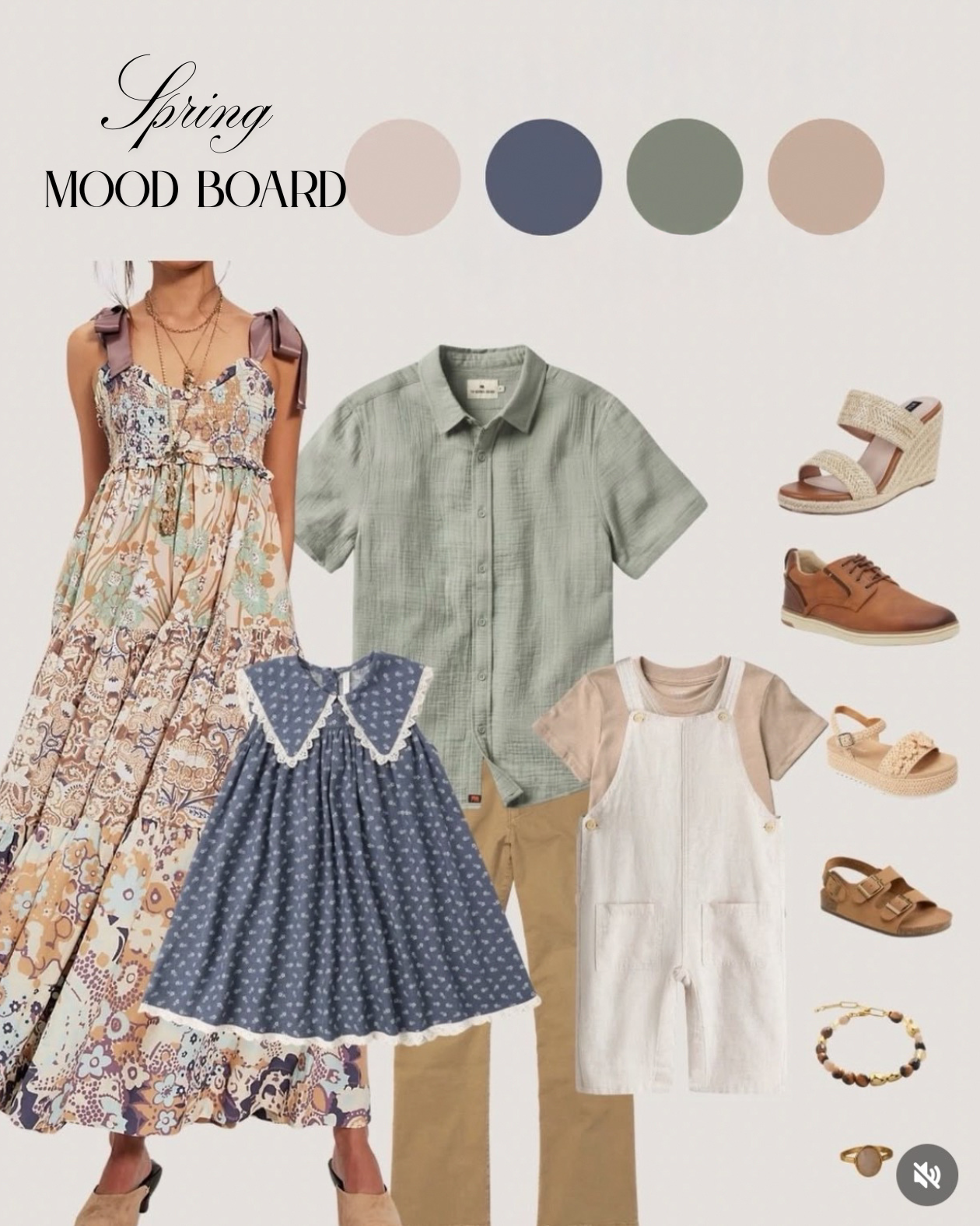 Spring Mood Board featuring a pastel palette of colors, a floral maxi dress, a layered dress with a collar, a green short-sleeve button-up shirt, khaki pants, a beige t-shirt with overalls, and various shoes including sandals and loafers, accompanied