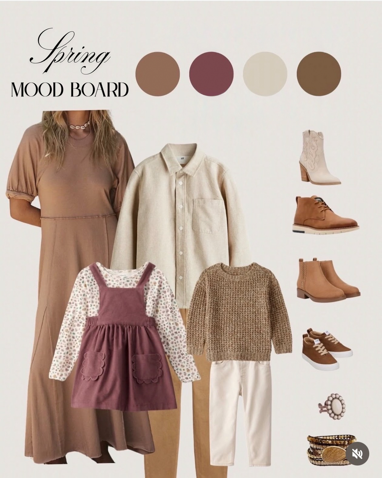Spring mood board featuring neutral and earthy tones with clothing and accessories, including a beige dress, cream shirt, patterned dress, brown sweater, and tan shoes and jewelry.