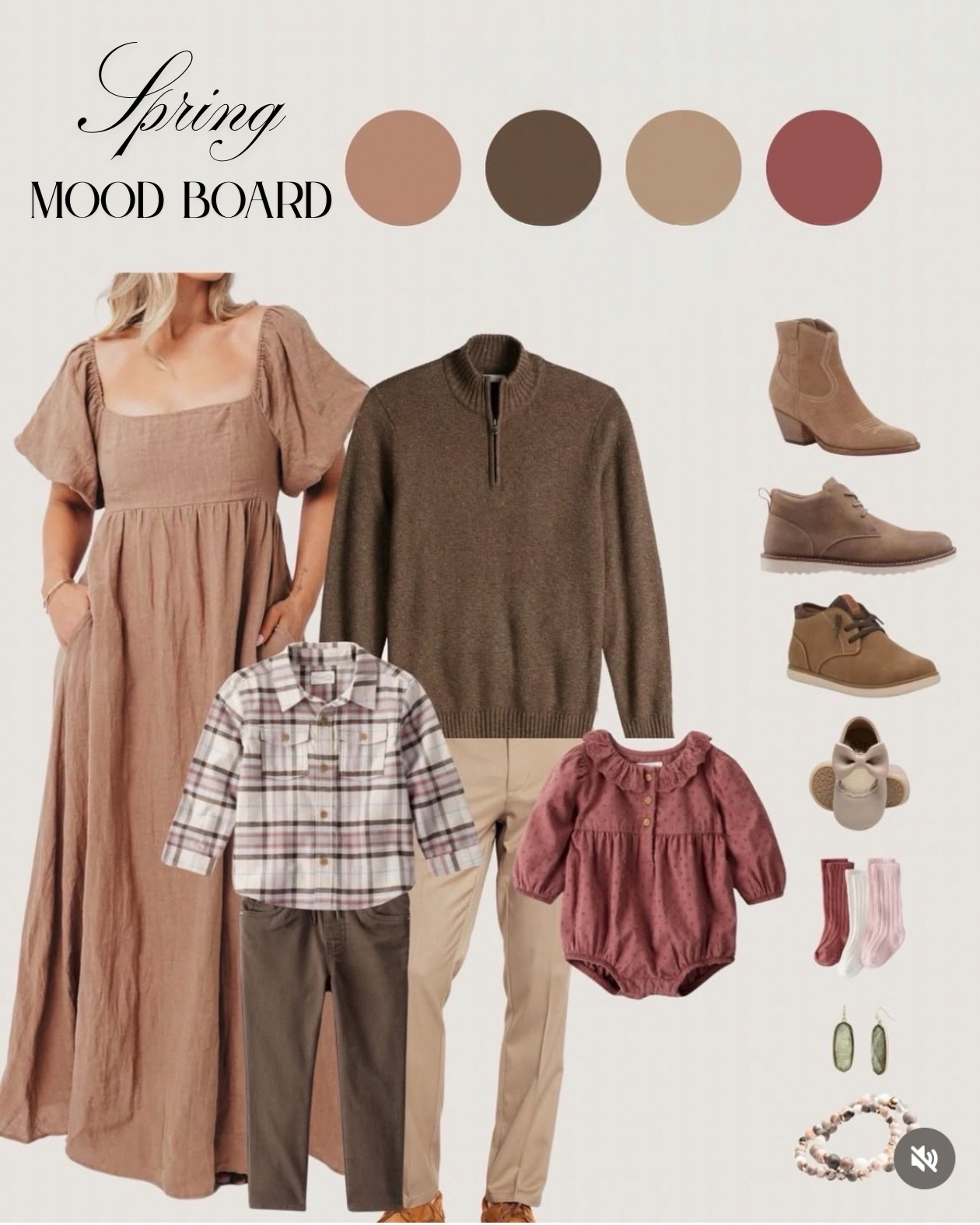 Spring mood board featuring neutral tones including beige, brown, and pink, with clothing items such as a long beige dress, a plaid shirt, a brown sweater, and beige pants. Accessories include beige ankle boots, sneakers, socks, earrings, and a beade