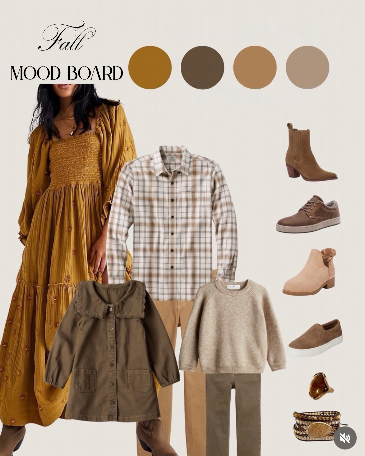 Fall mood board featuring clothing and accessories in earth tones. Includes a woman in a mustard yellow dress, a beige plaid shirt, a tan hoodie, a beige sweater, and tan pants. Footwear includes ankle boots, sneakers, and slip-ons in neutral shades.