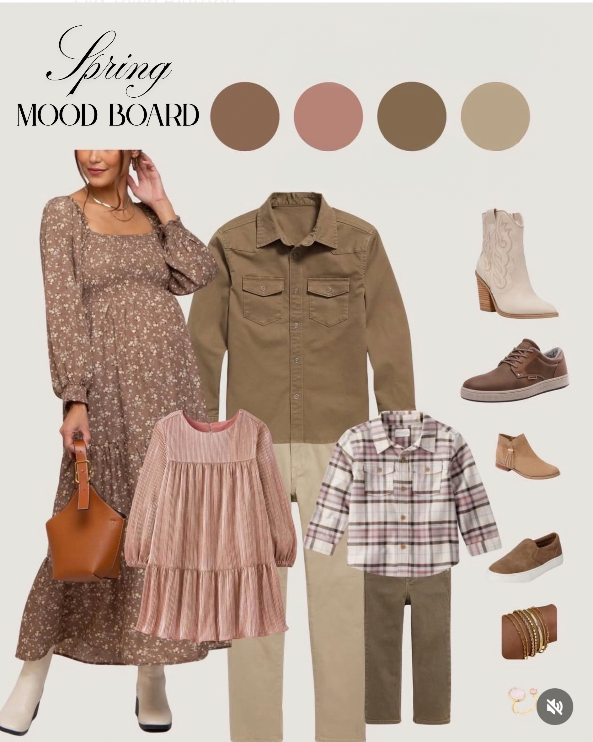 Spring mood board with earth tone clothing and accessories, including a floral maxi dress, a pink pleated dress, a plaid shirt with pants, beige boots, brown shoes, a brown ankle boot, and various jewelry pieces.