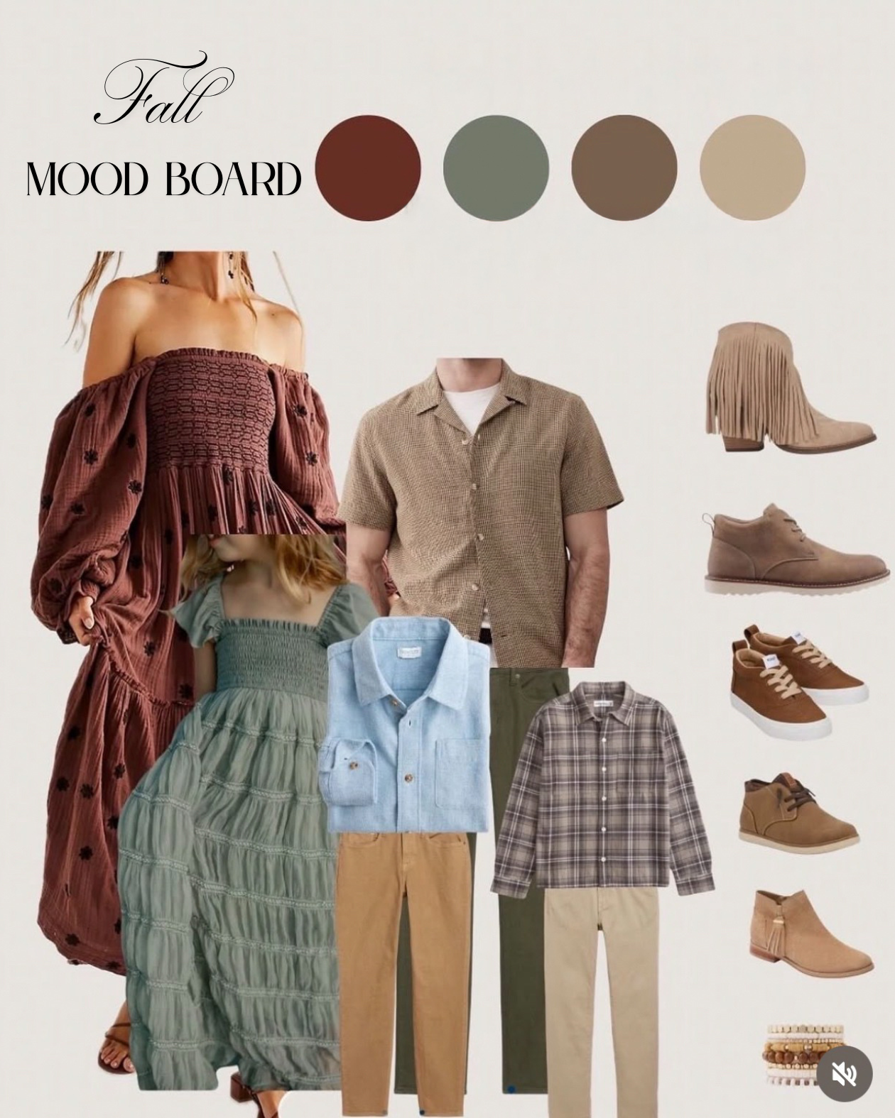 Fall mood board featuring earthy tones, clothing, and footwear, including dresses, shirts, pants, boots, sneakers, and accessories.