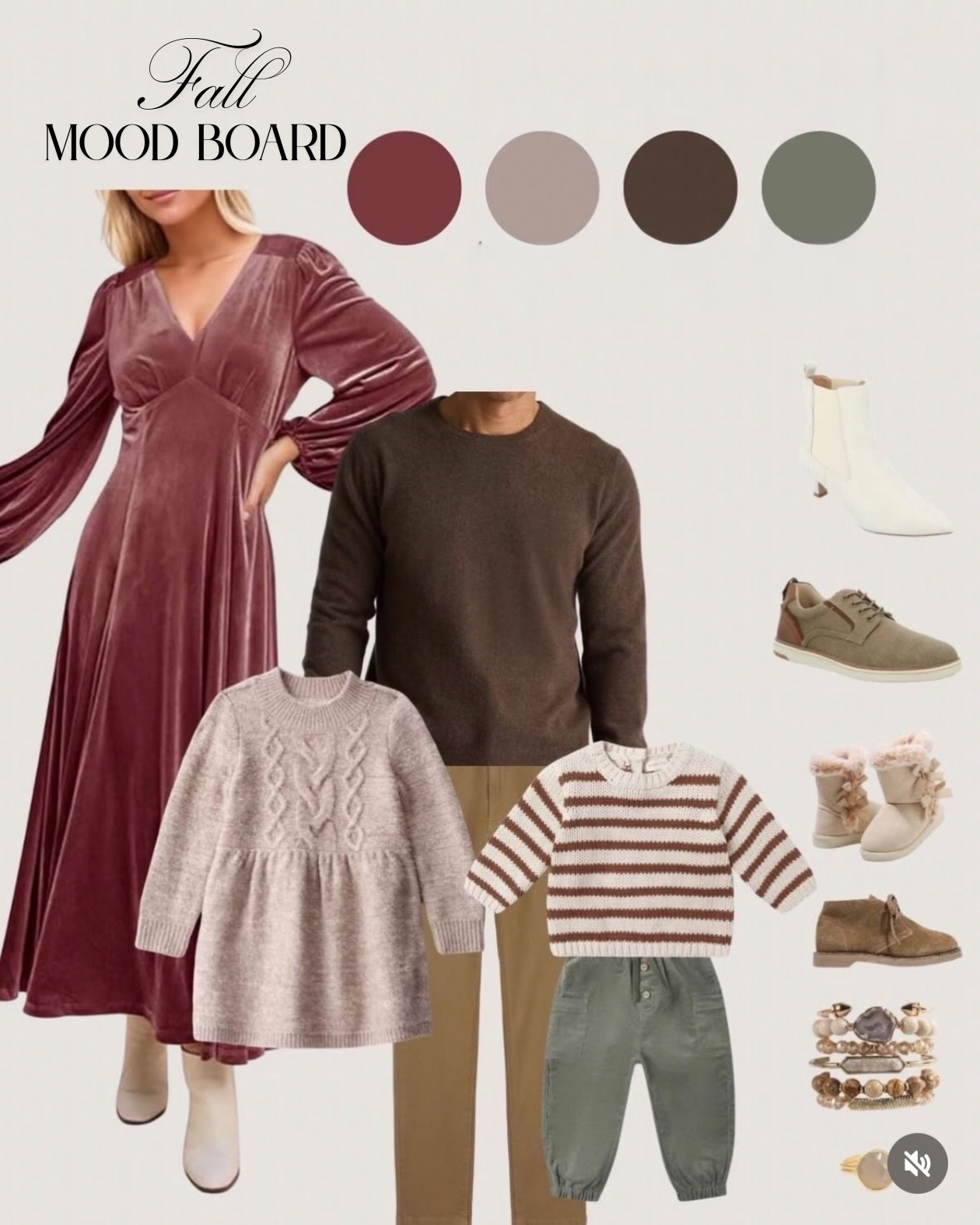 Fall mood board featuring a long sleeved red velvet dress, a brown sweater, a beige cable-knit sweater, a striped red and white sweater, green pants, and various shoes including white boots, tan shoes, and pink fuzzy boots, along with swatches of bur