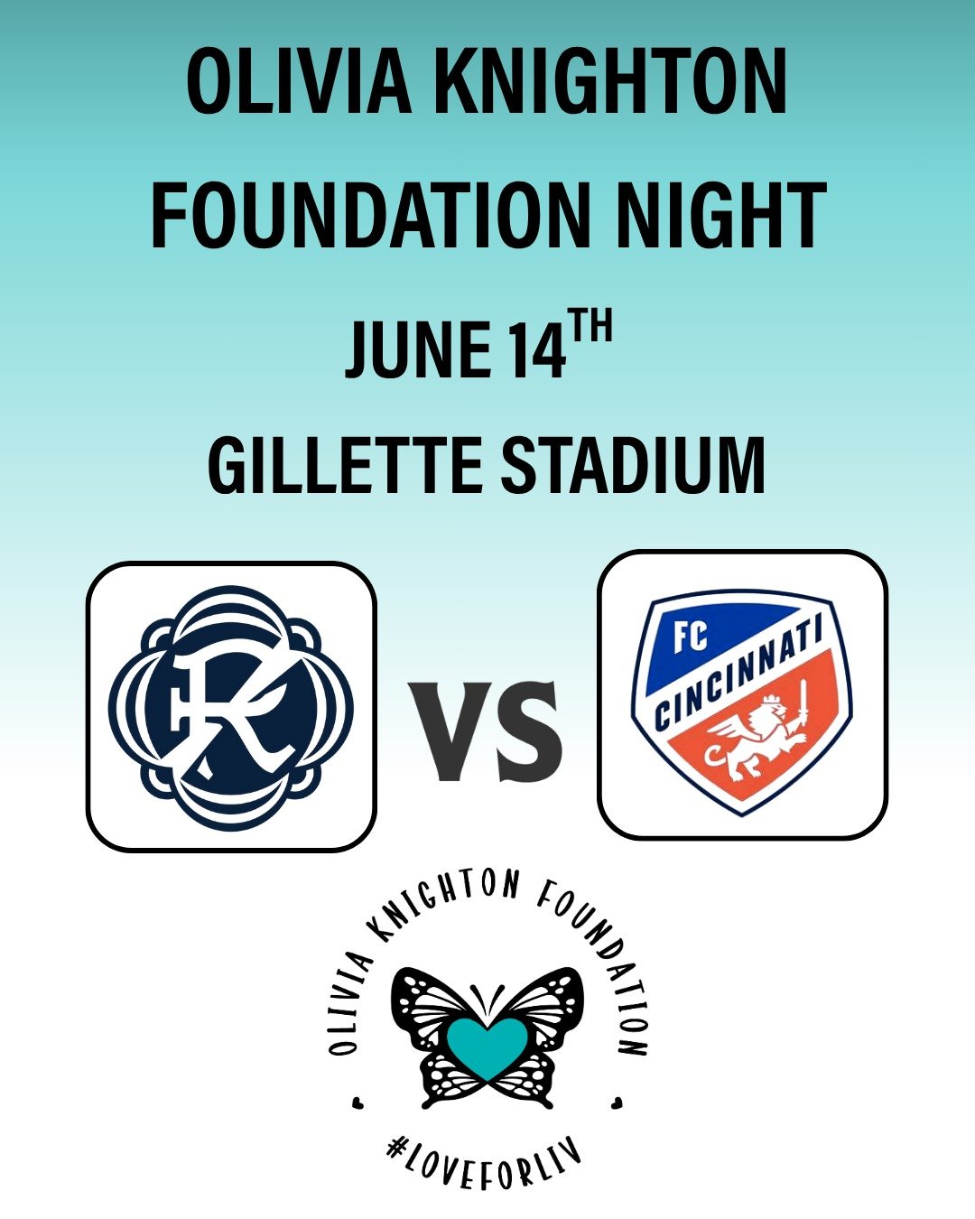 Please join us this weekend when the @nerevolution play @fccincinnati at @gillettestadium Saturday night at 730pm. A special thank you to the New England Revolution for hosting the Olivia Knighton Foundation during the match. 

#LOVEforLIV