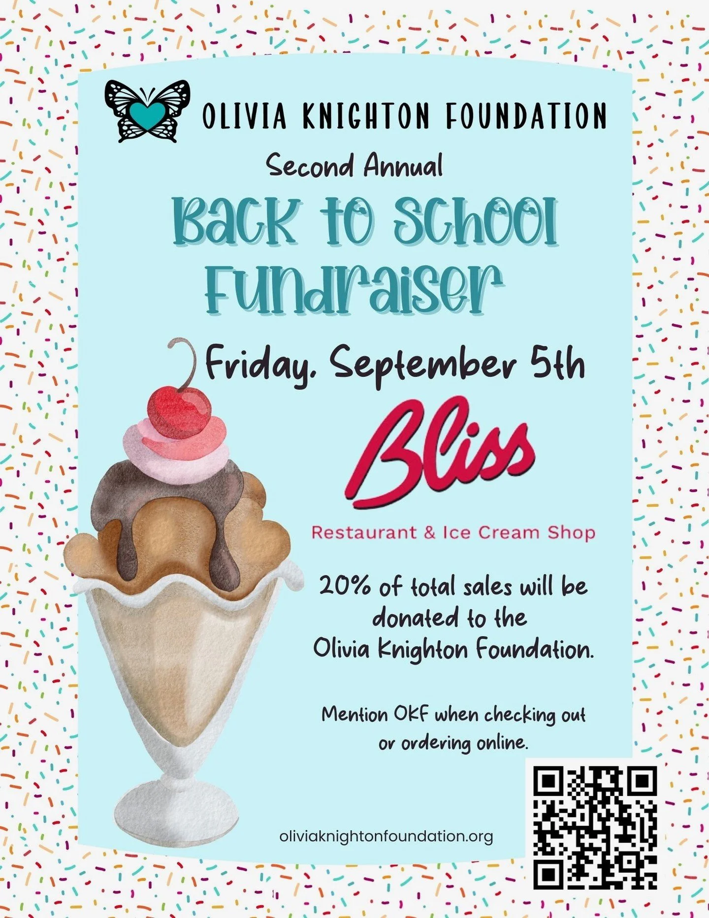 🚨Join the Olivia Knighton Foundation this Friday night from 5-9pm for our 2nd Annual Back to School Ice Cream Social at @blissdairy 🚨 !!!

🏫🍎🎒✏️🍦🍧🍨

#loveforliv