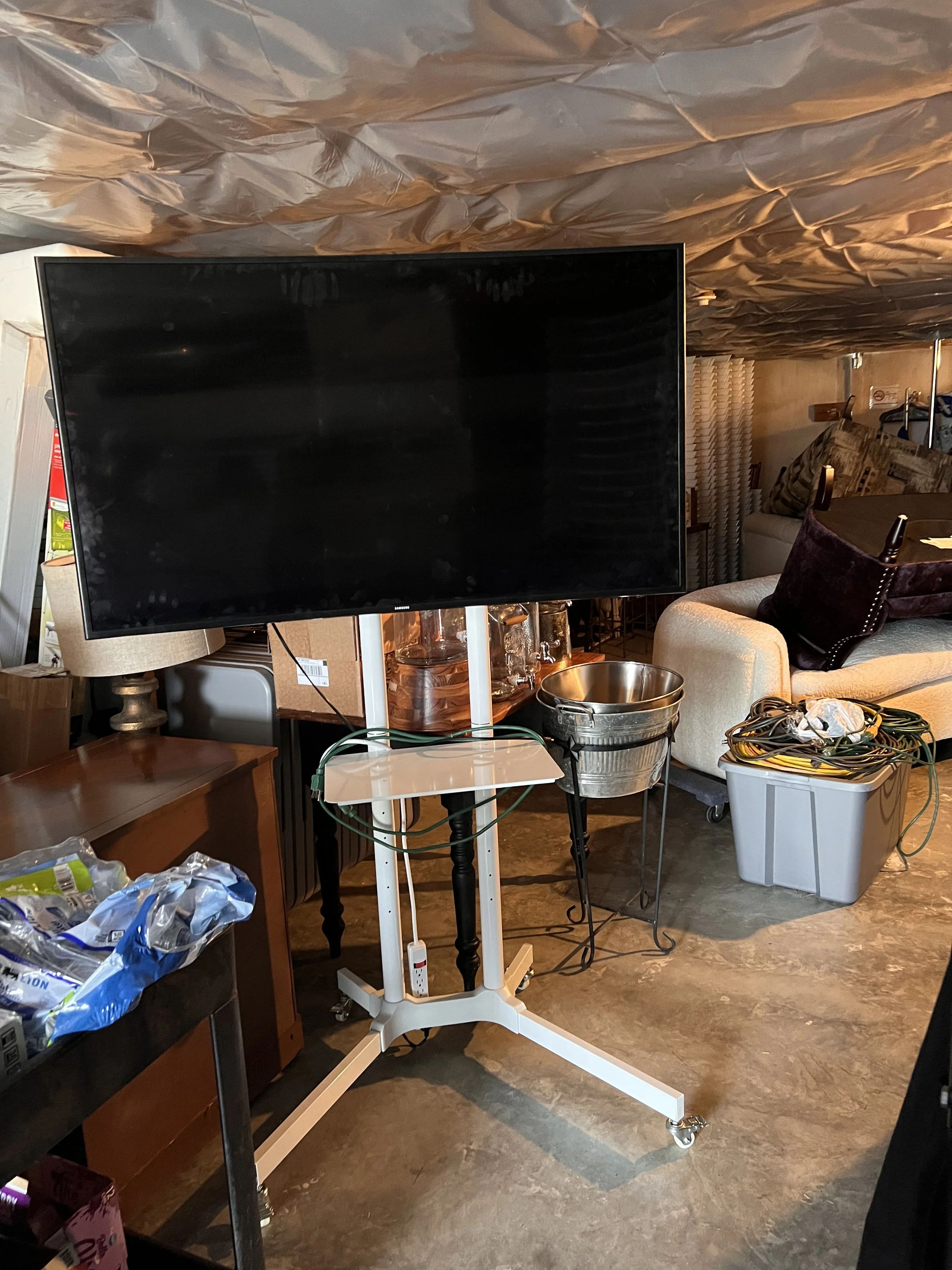 Big Screen TV on rack and rollers for slide show for wedding