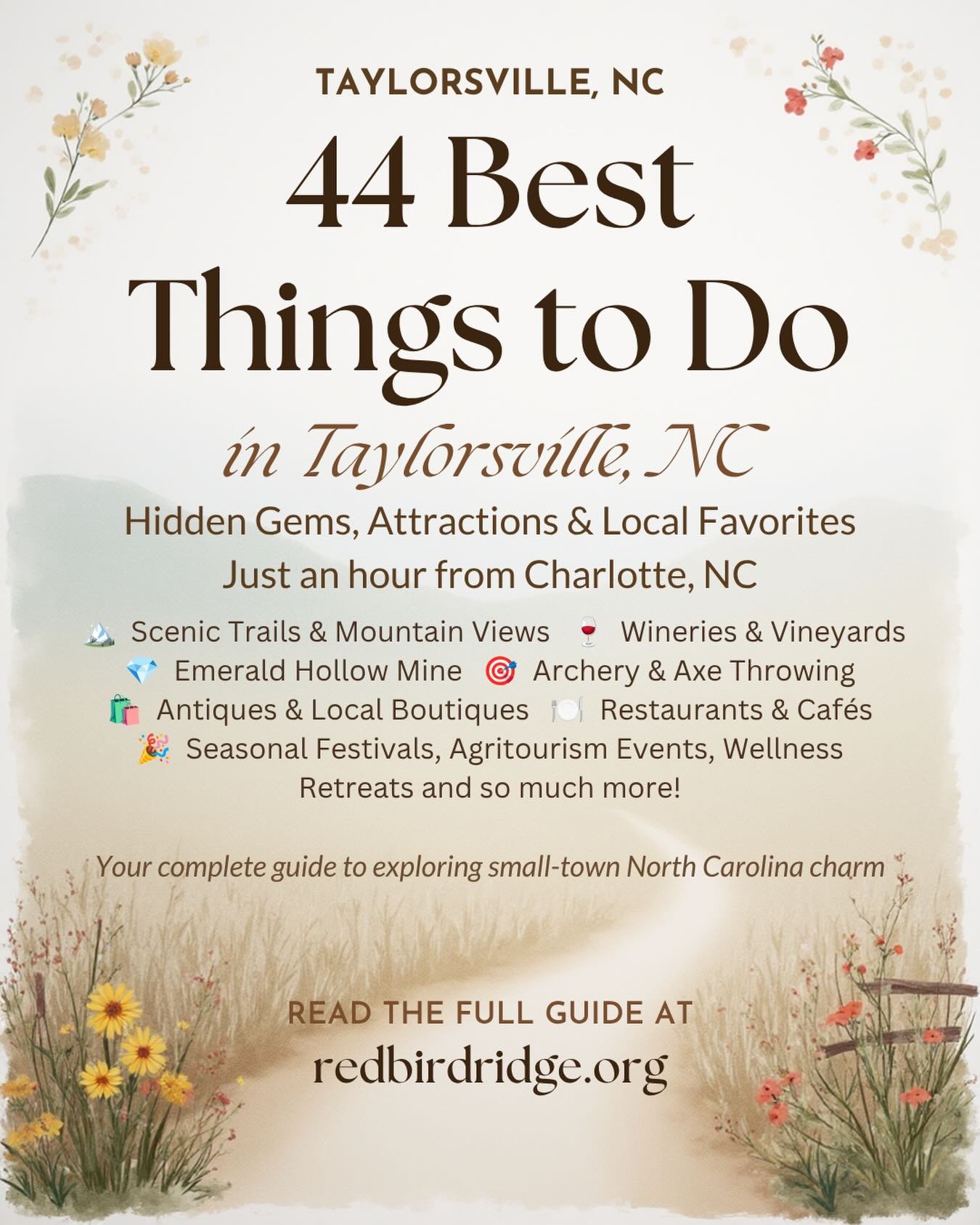 Check out all the great things to do in Taylorsville, just an hour from Charlotte NC! Explore all the hidden gems and unique things to do right near home. 

#agritourism #wellness #retreats #charlotte #nc