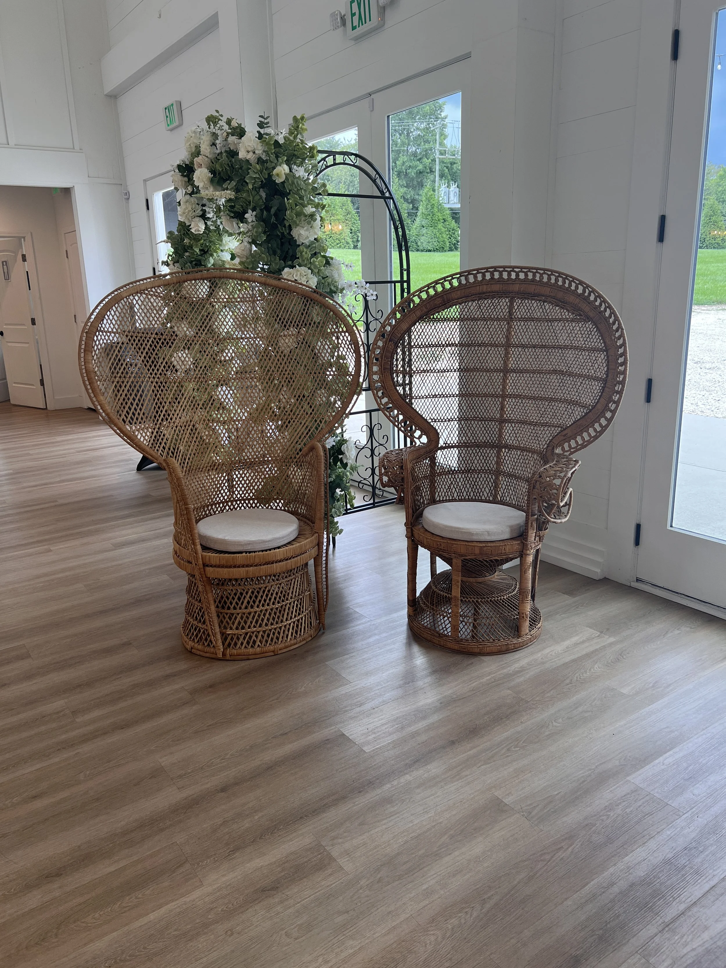 Whicker Boho peacock his/hers head table chairs for wedding