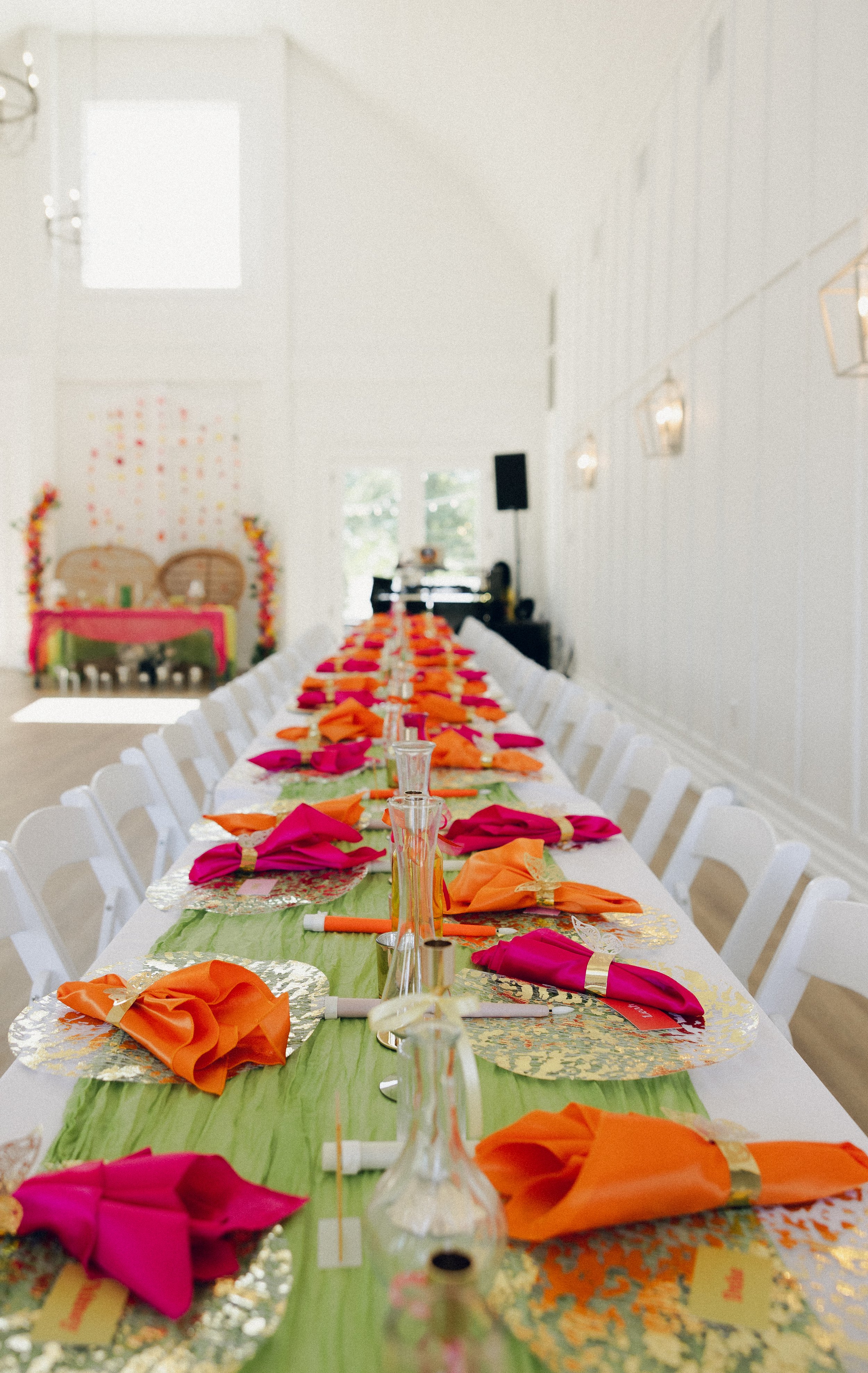 Colorful wedding decorations at immersive weekend wedding Charlotte NC wedding venue