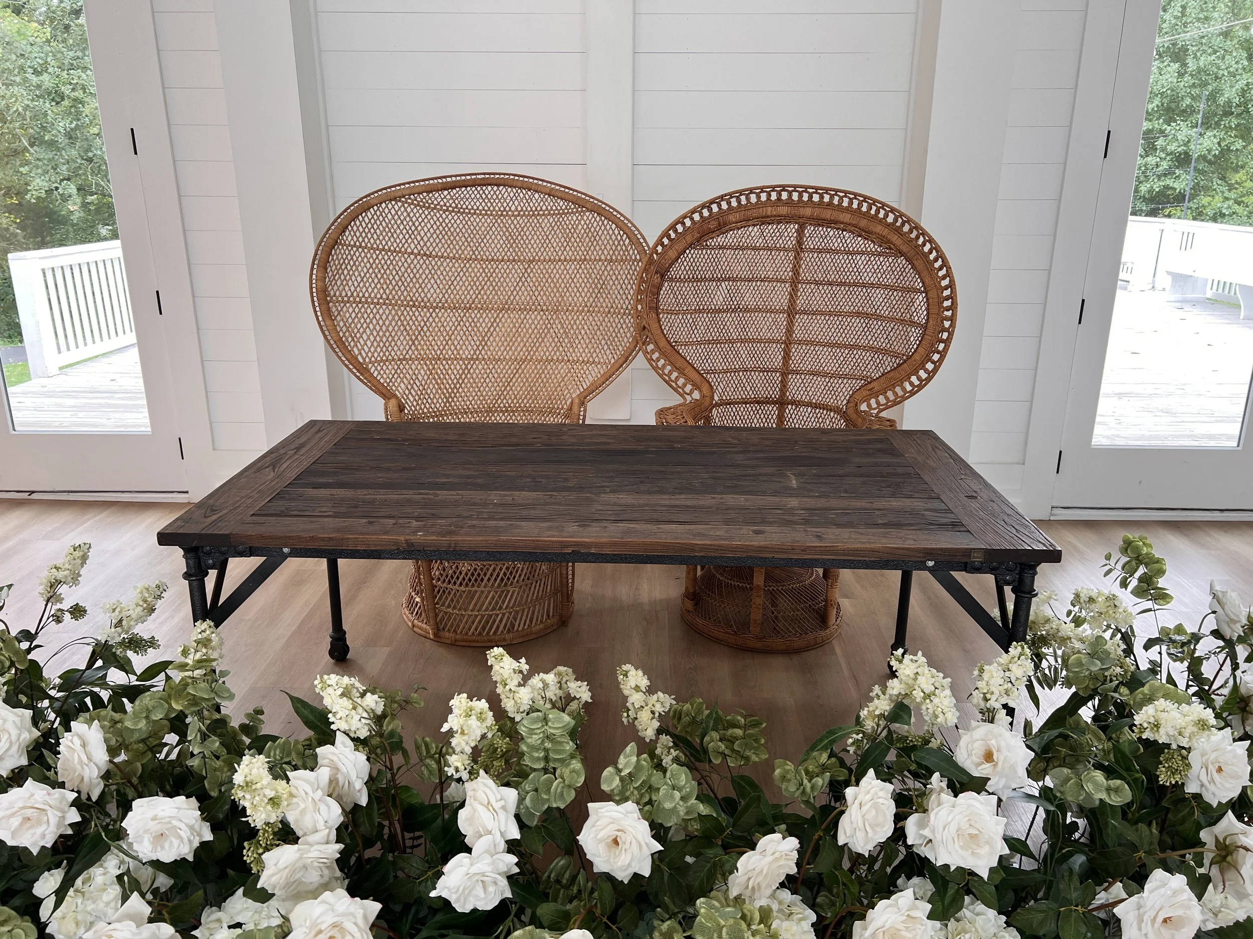 Restored wood with iron legs head table for wedding
