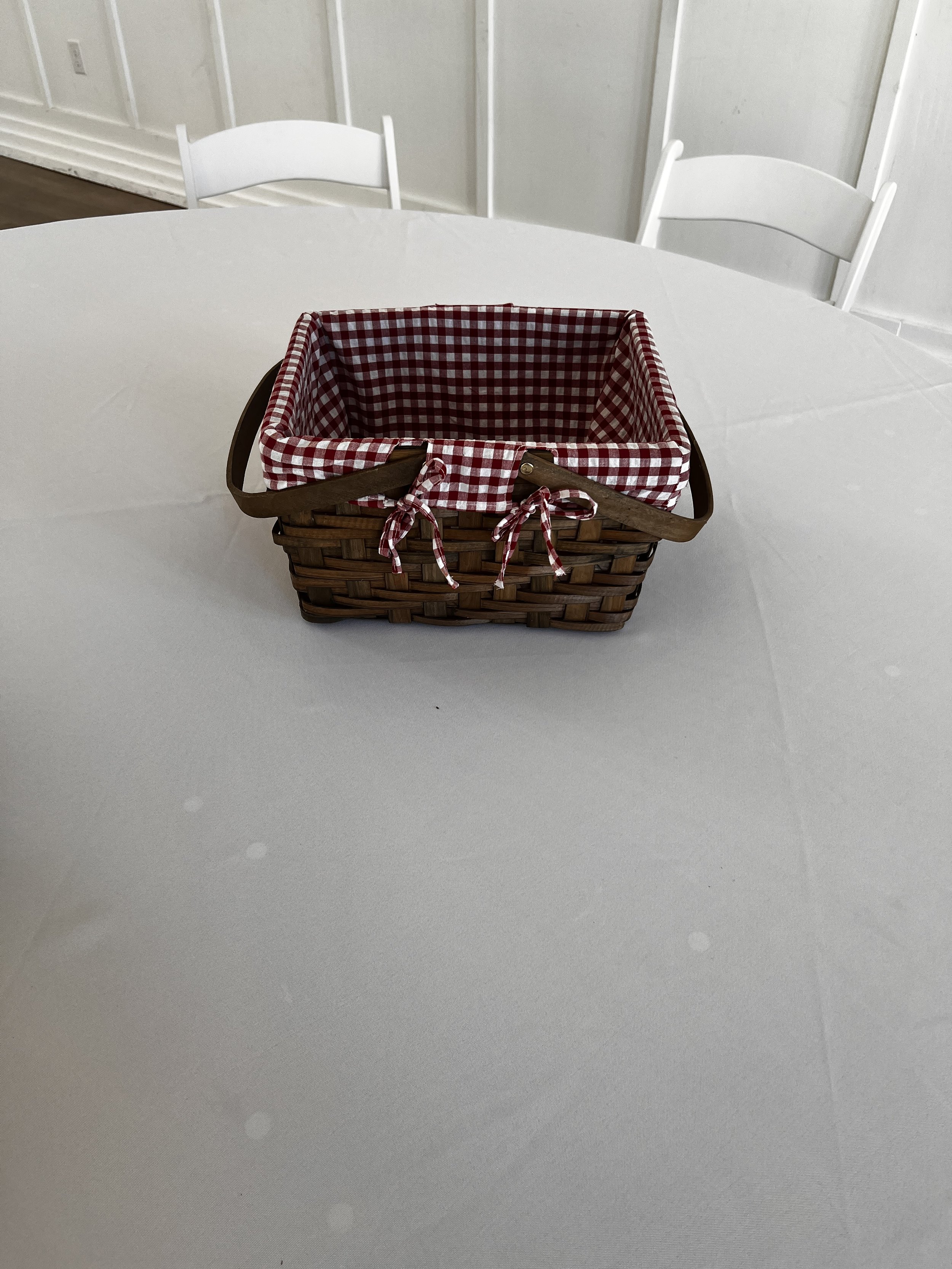 Red and white checkered picnic basket for NC wedding