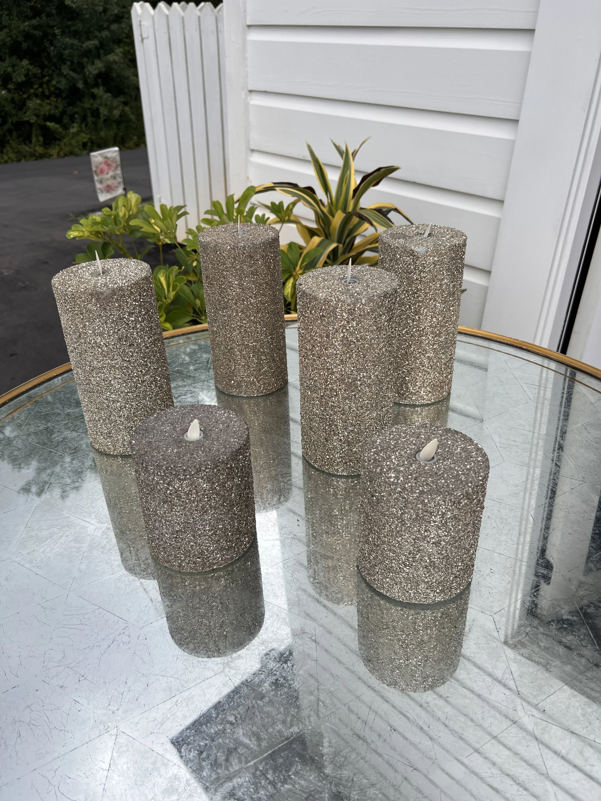 Glitter textured LED pillar candles for wedding in Charlotte
