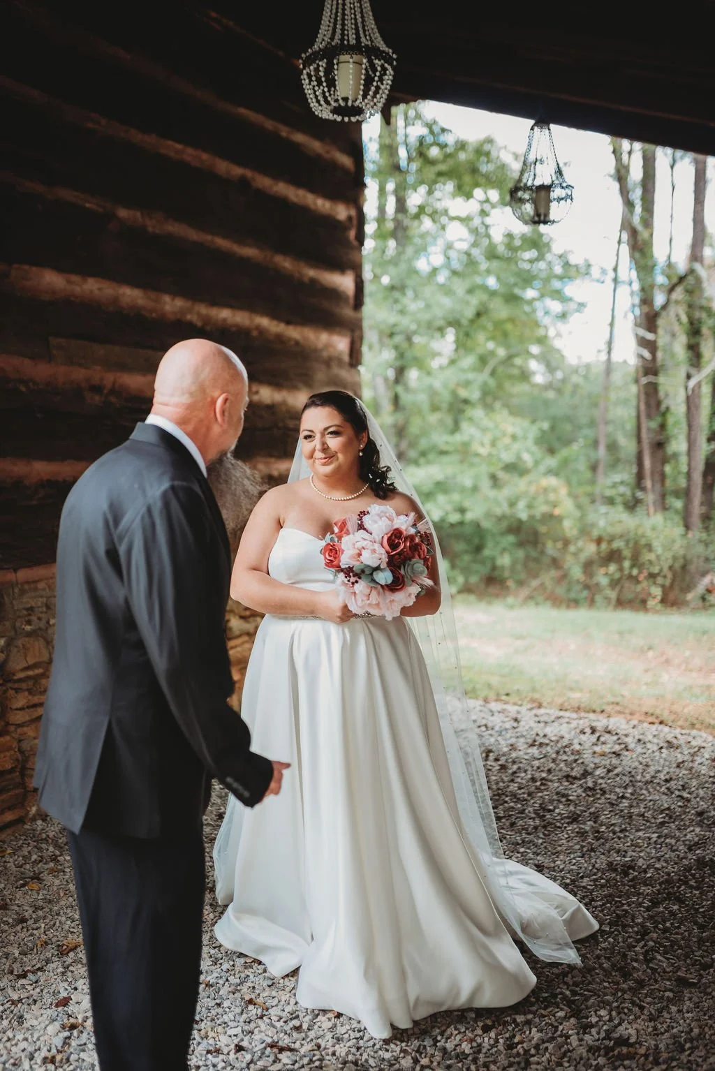 Bride and father first look at Charlotte wedding venue