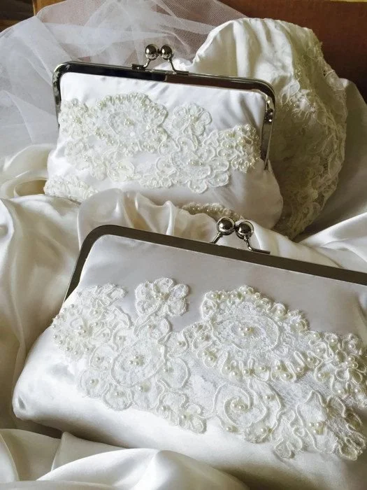 Wedding purse made from old wedding gown at wedding venue near Charlotte NC