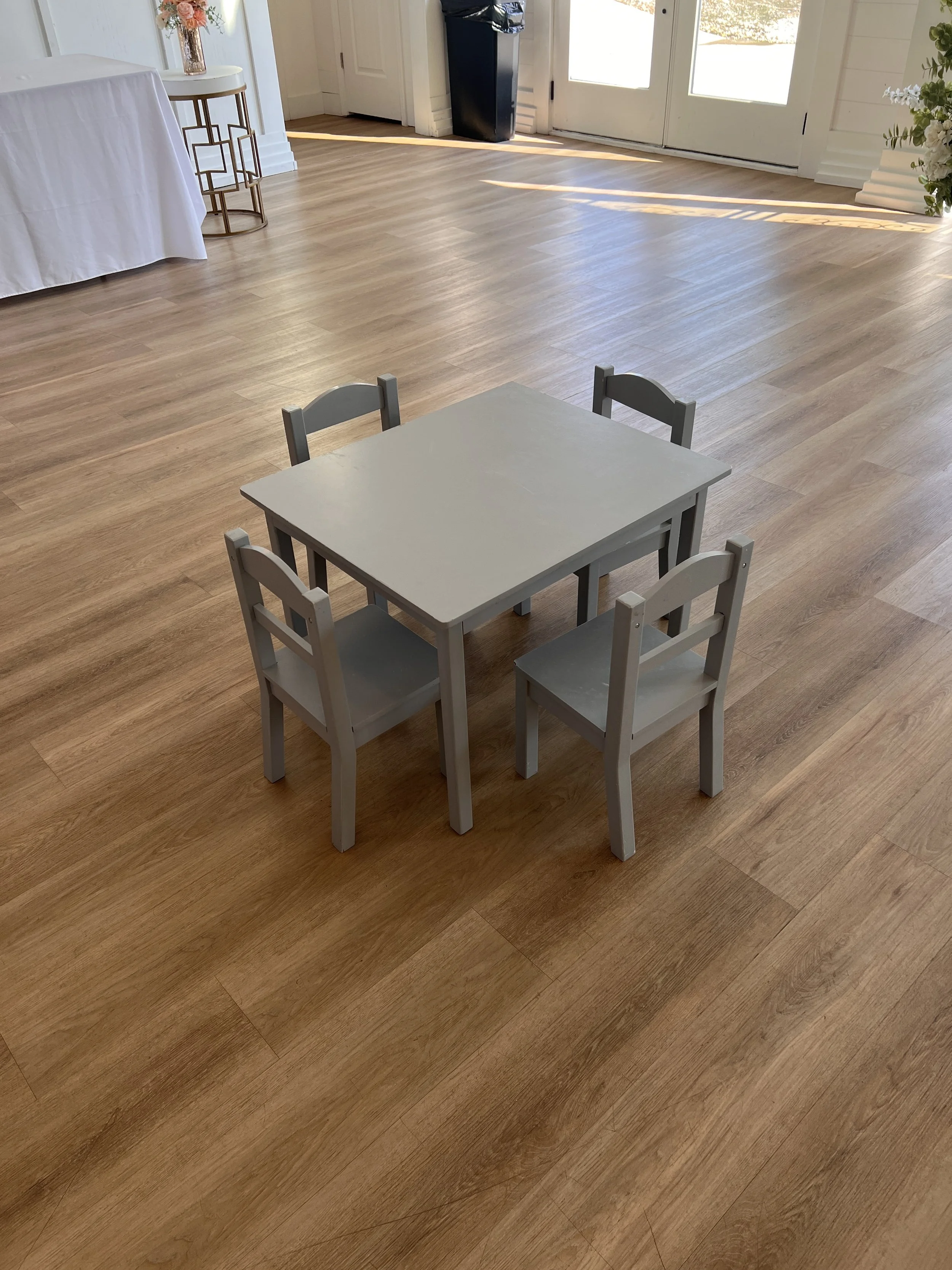 Grey wood children's table with 4 chairs for wedding
