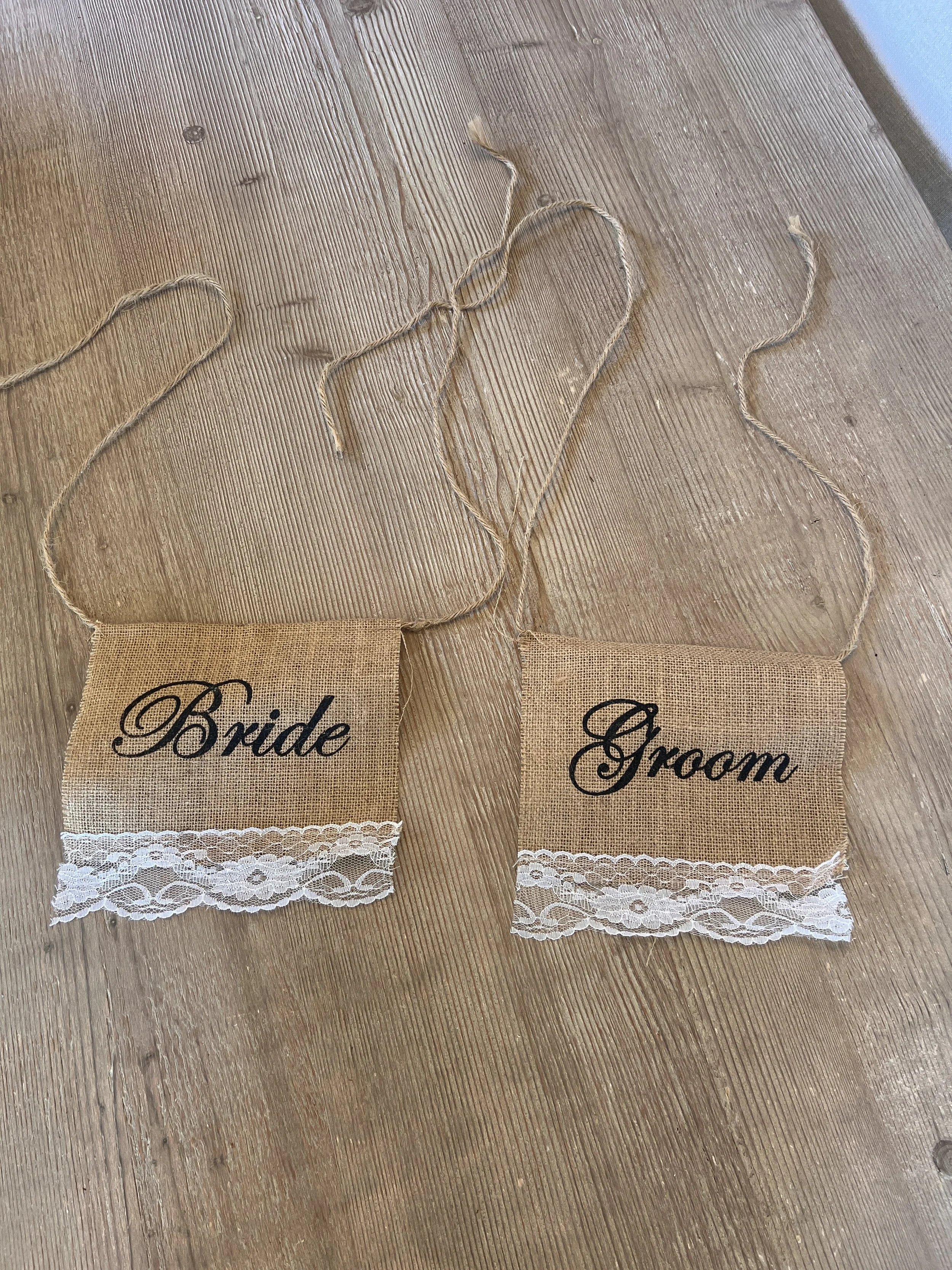 Bride & Groom Burlap and Lace Chair Signs for Charlotte wedding decorations