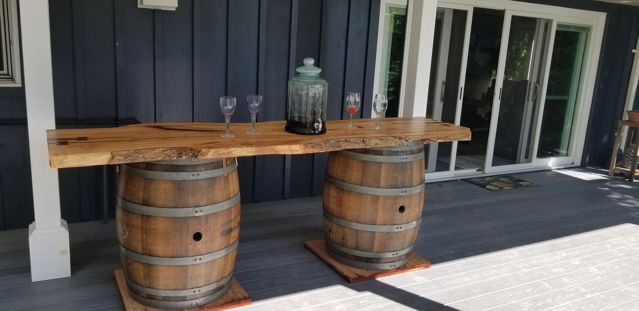 Wine Barrels with Live Edge Wood for Bar or Grazing Table for wedding decorations