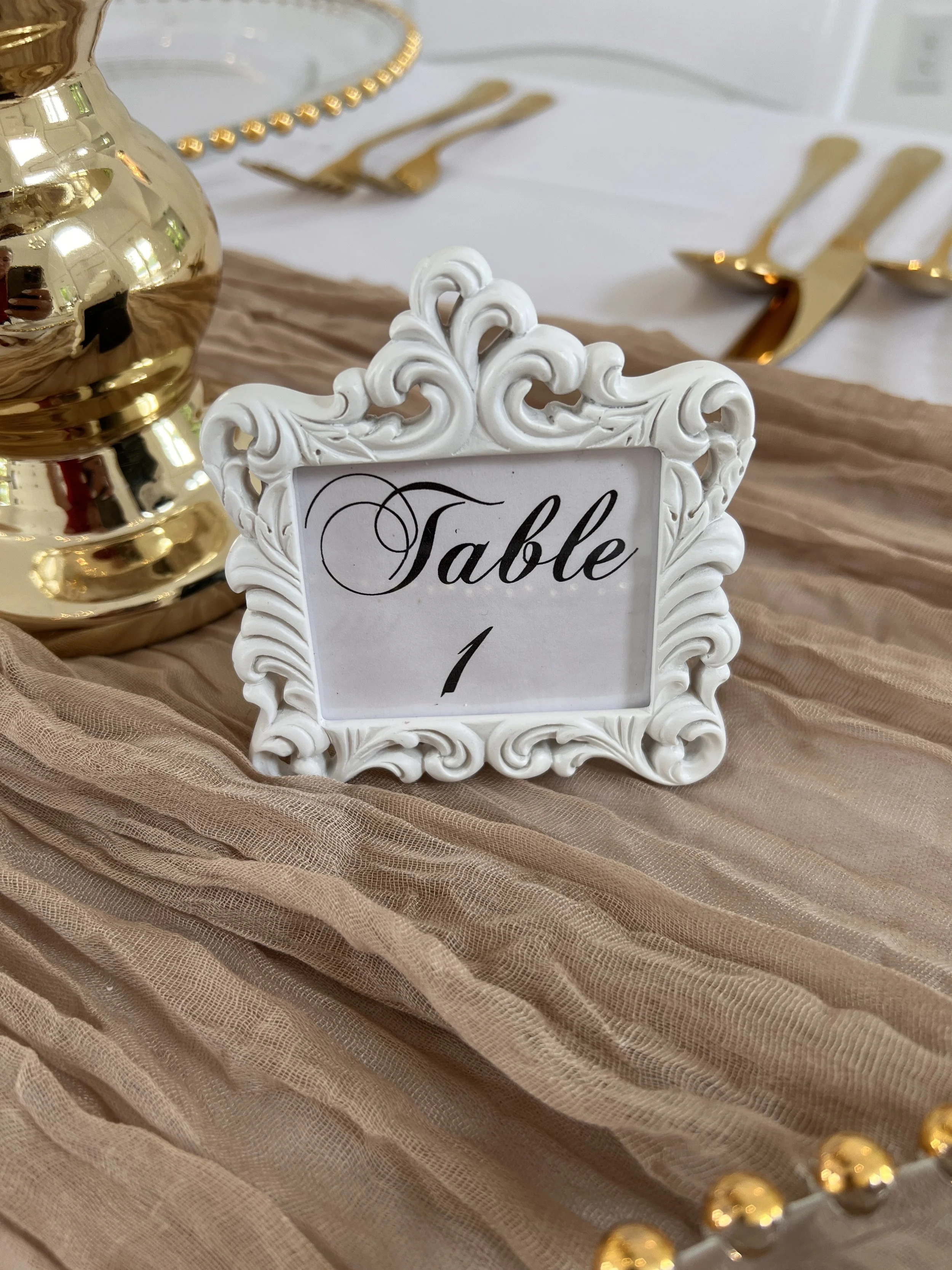 White Victorian table numbers for wedding in Charlotte