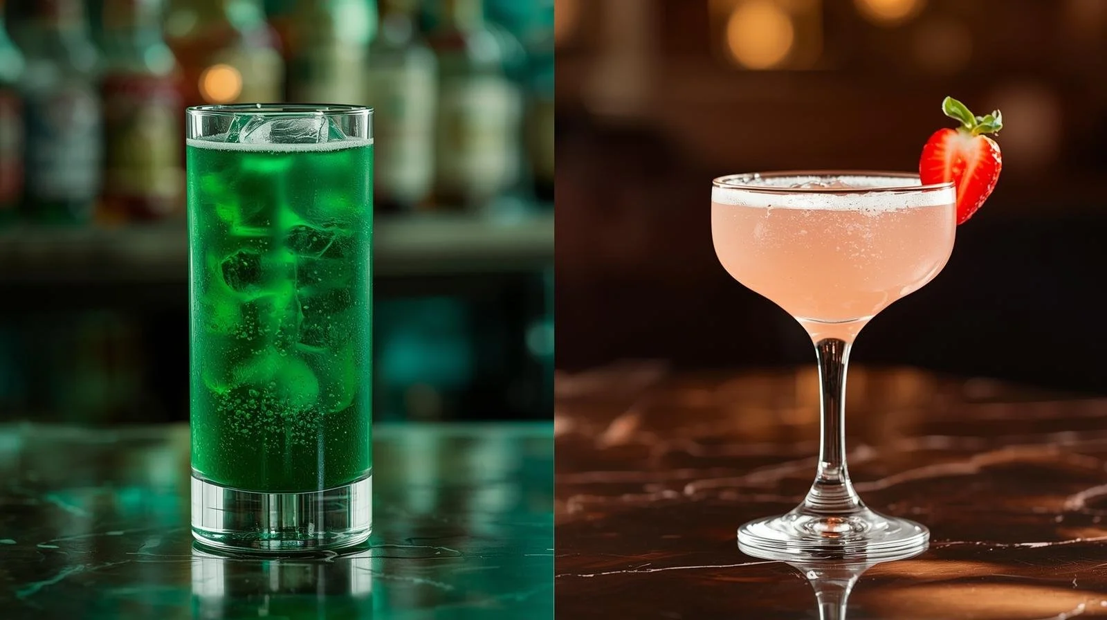 Wedding signature cocktails in emerald green and pink; a wicked for good wedding fairy tale Charlotte wedding