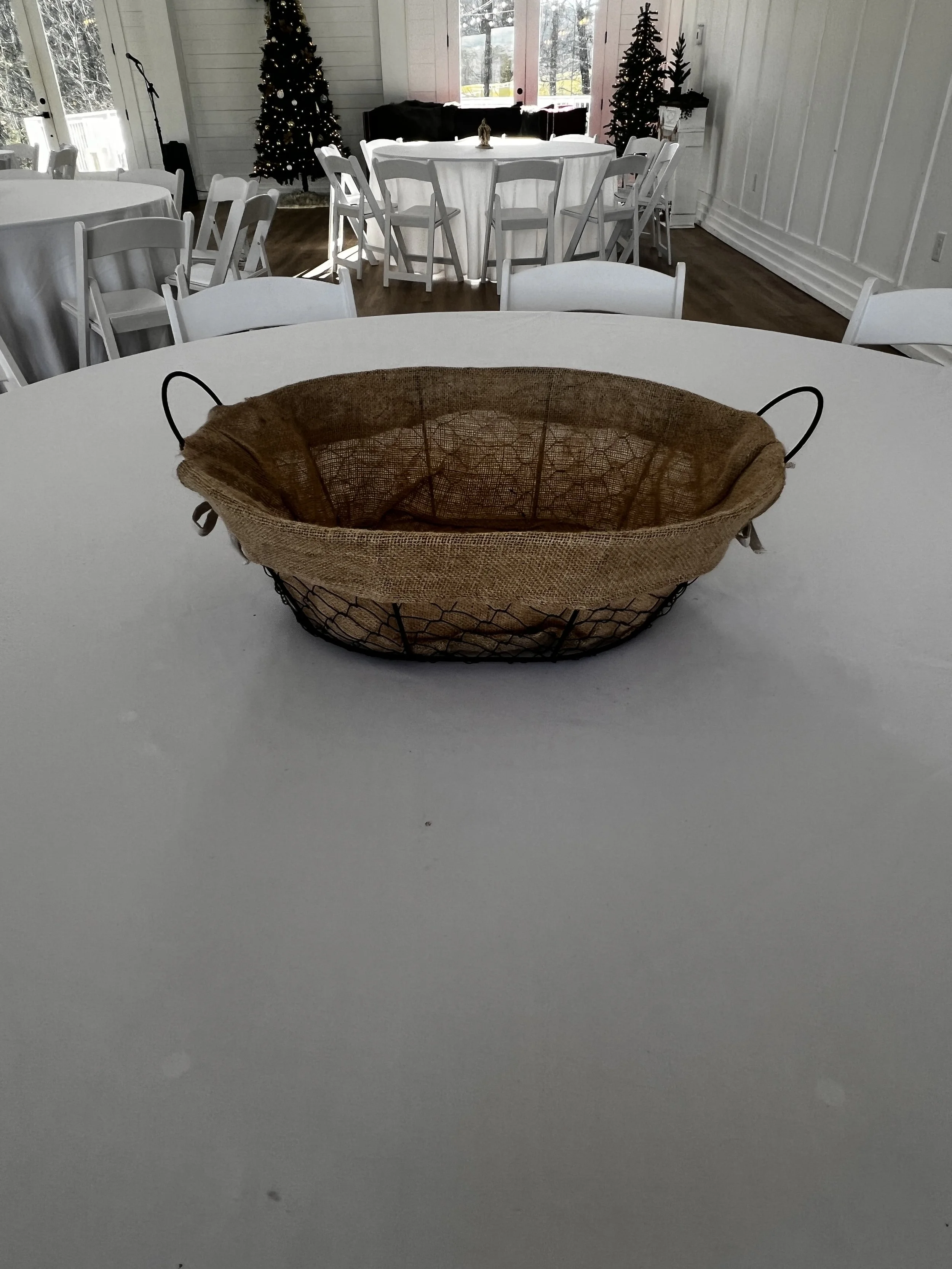 Large wire basket with burlap at Charlotte wedding venue