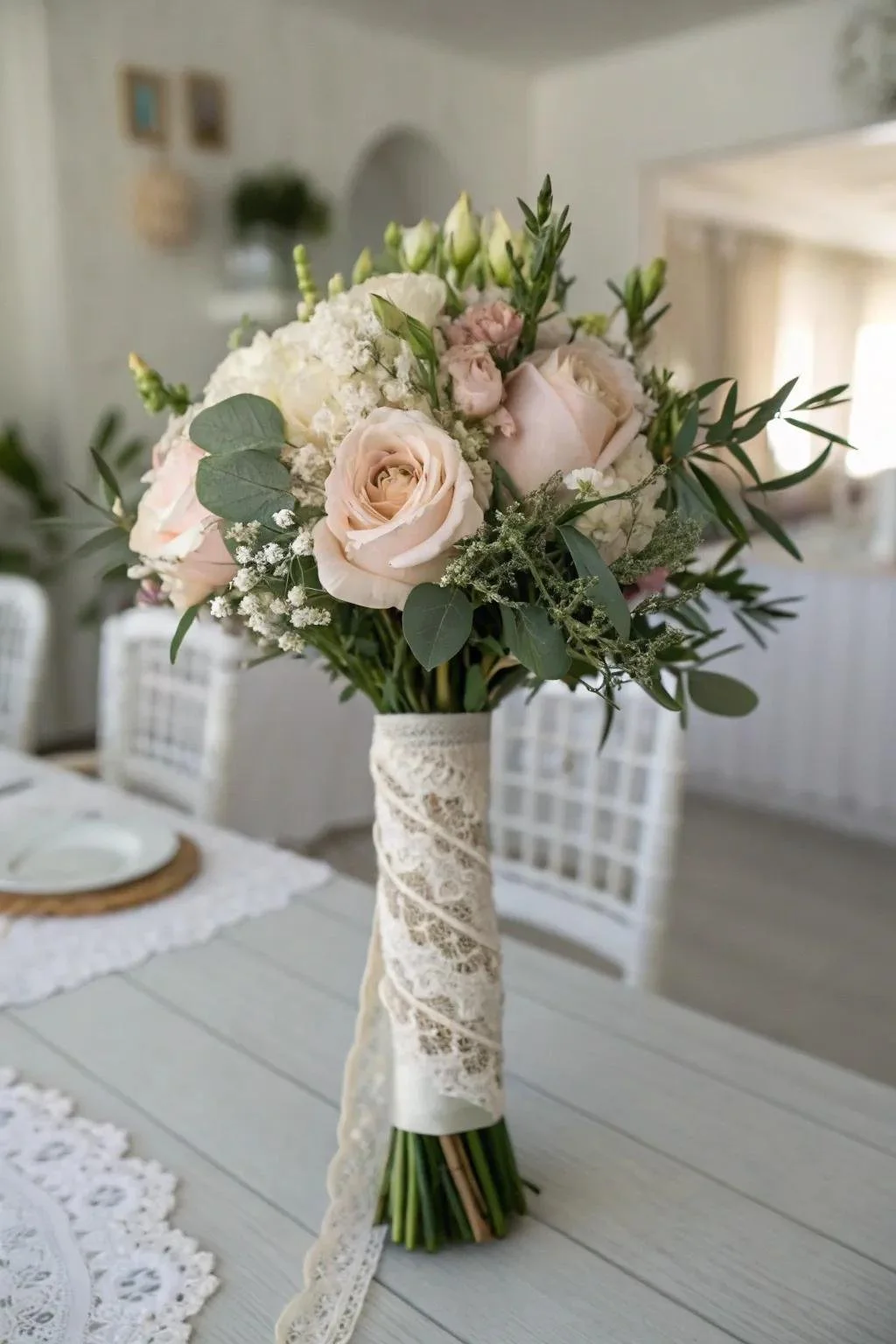 Old wedding gown wrapped around wedding flowers at wedding venue near Charlotte NC