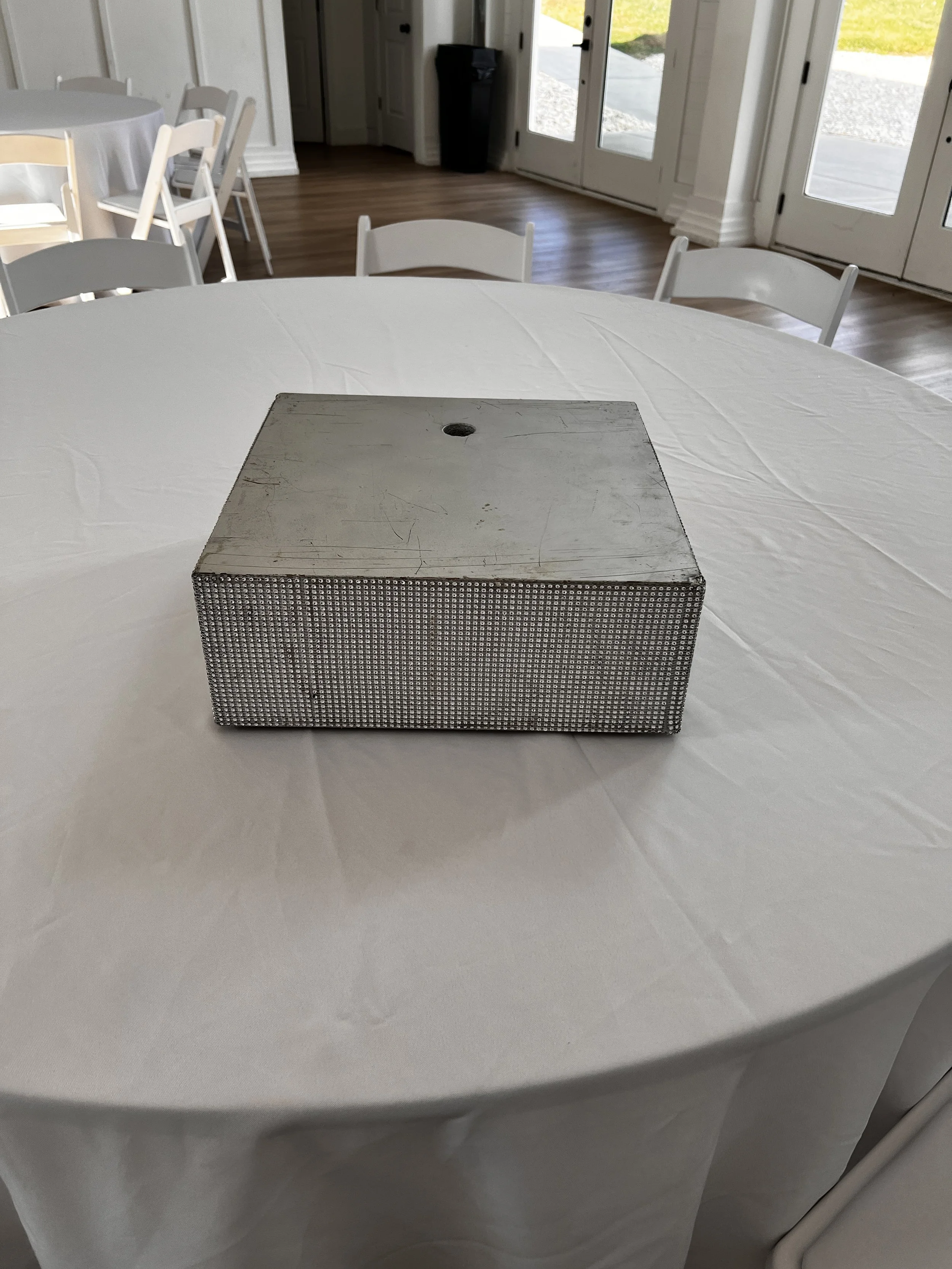 Large square silver bling cake platform for NC wedding