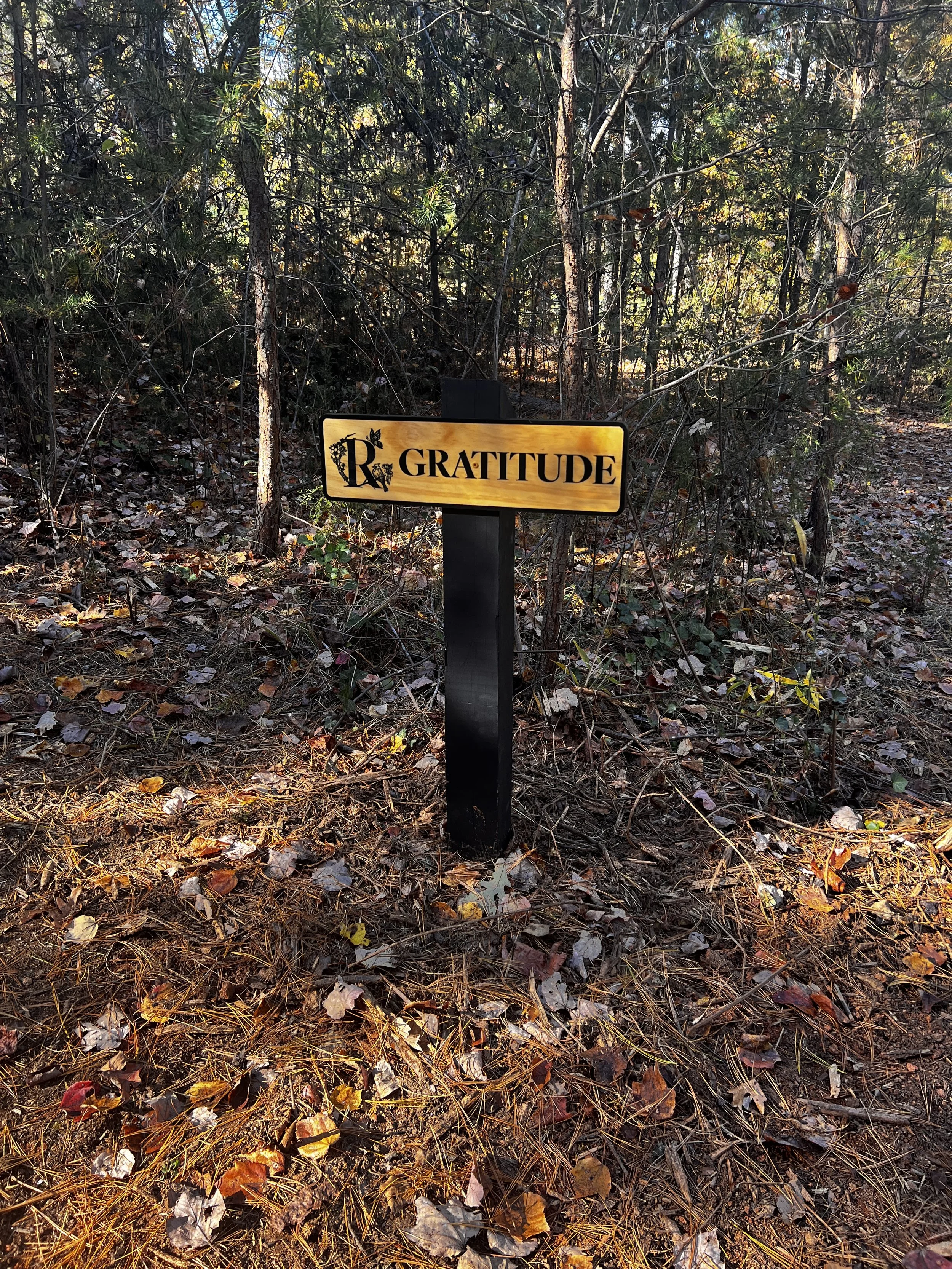 Gratitude sign in the woods on a prayer and meditation trail; wellness retreat getaway near Charlotte