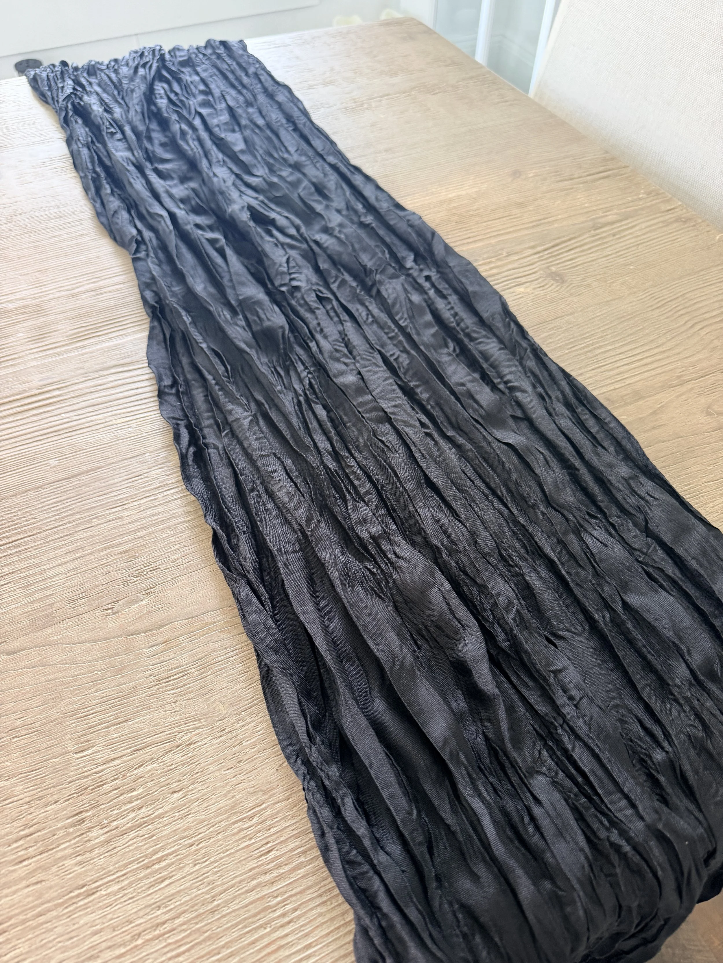 Black cheesecloth table runner for wedding reception