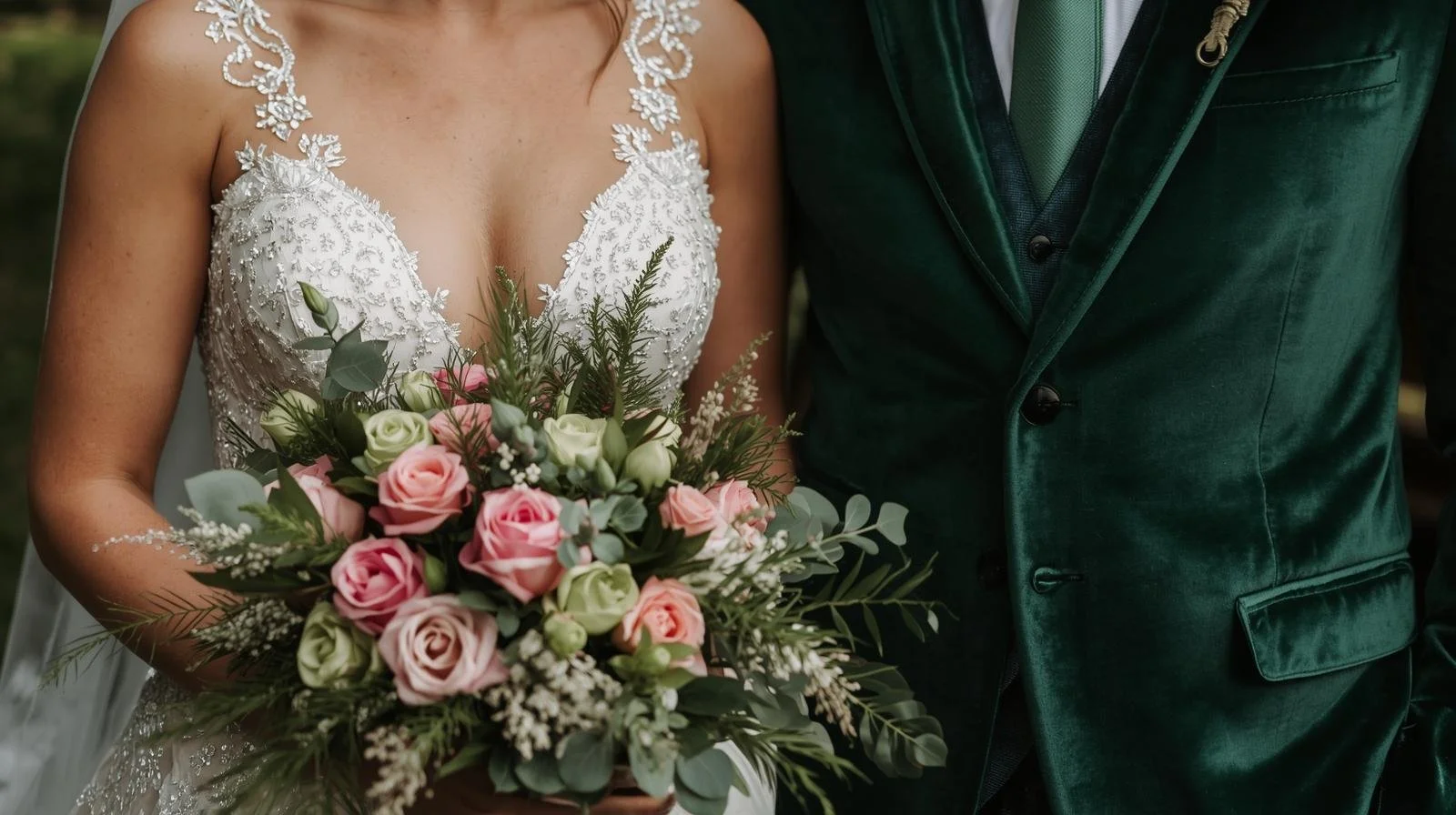 bride and groom with emerald green and pink; a wicked for good wedding fairy tale Charlotte wedding