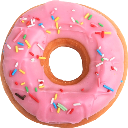 A donut with pink frosting and colorful sprinkles.