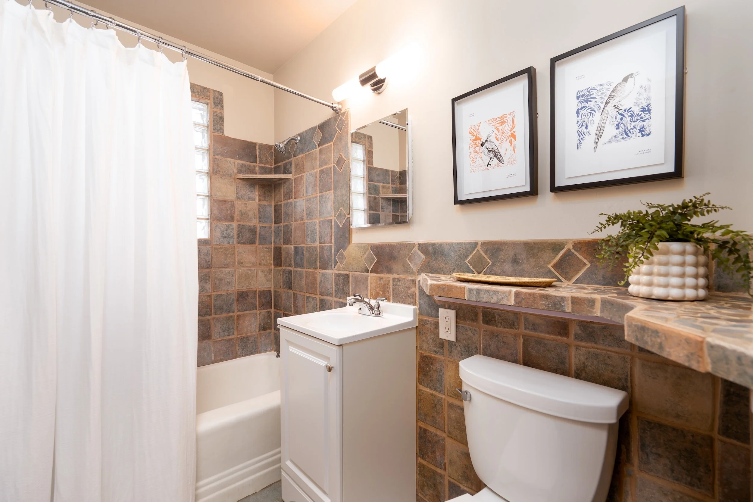 A bathroom featuring a shower with a white curtain, a tile wall in earthy tones, a small mirror, framed bird art on the wall, a potted plant, a counter with a tray, a white cabinet, and a toilet.