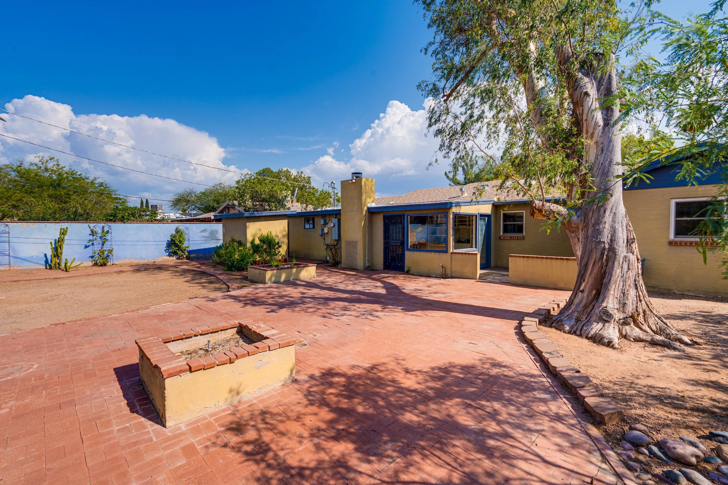 Backyard with large tree, brick patio, and yellow house under a blue sky with clouds.
