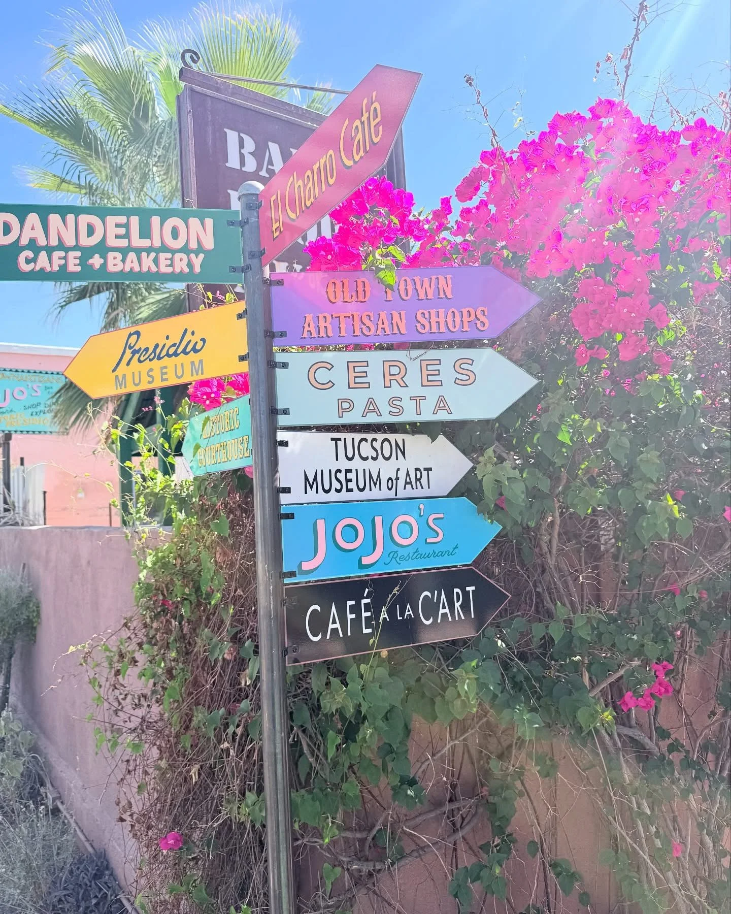 Colorful signpost with multiple directional signs pointing to various local attractions including a cafe, bakery, museum, artisan shops, pasta, and restaurants, set against a background of pink bougainvillea, palm trees, and a clear blue sky.