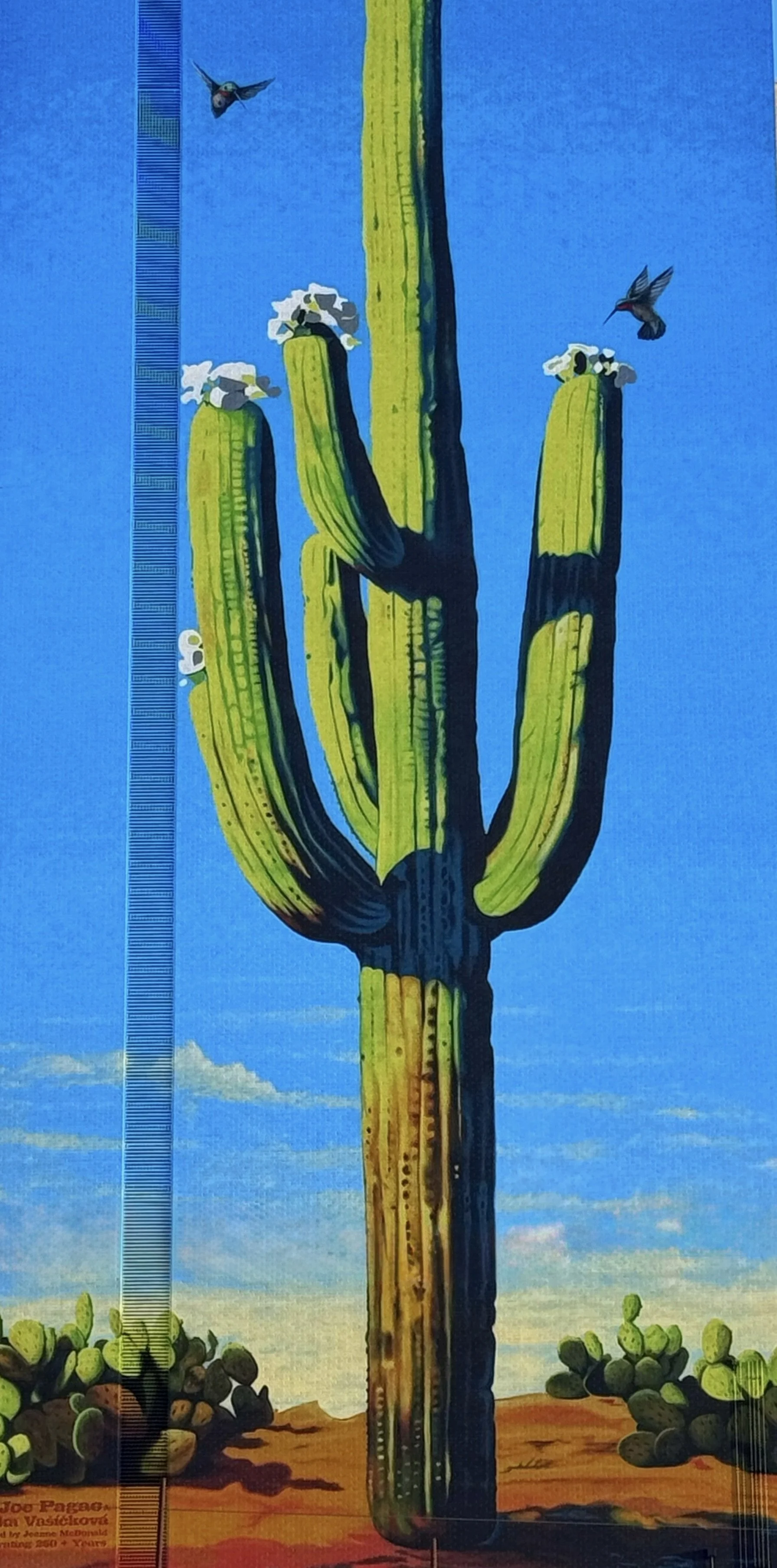 Colorful poster featuring a tall saguaro cactus with green pads and white flowers, set against a blue sky with desert landscape and bushes at the bottom.