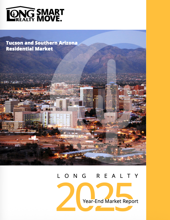 Cover page of a market report showing a cityscape of Tucson and Southern Arizona with mountains in the background, titled 'Long Realty Smart Move Tucson and Southern Arizona Residential Market Year-End Market Report 2025'.