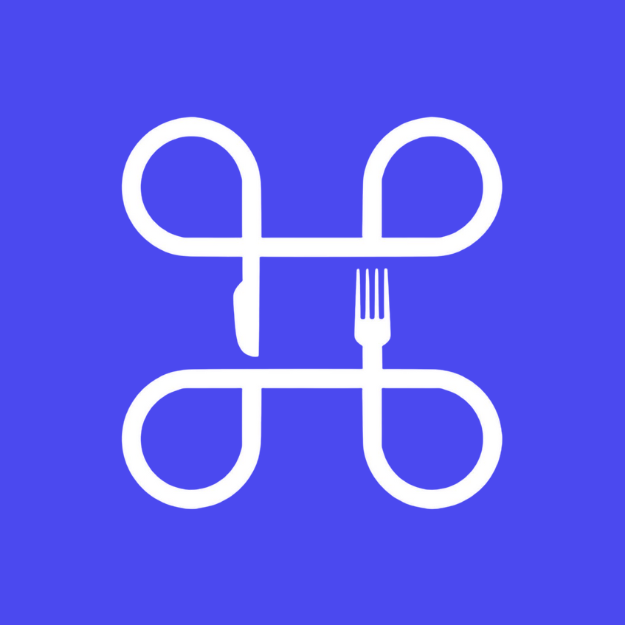 A graphic design with a blue background showing two white forks and knives arranged to form a butterfly shape.