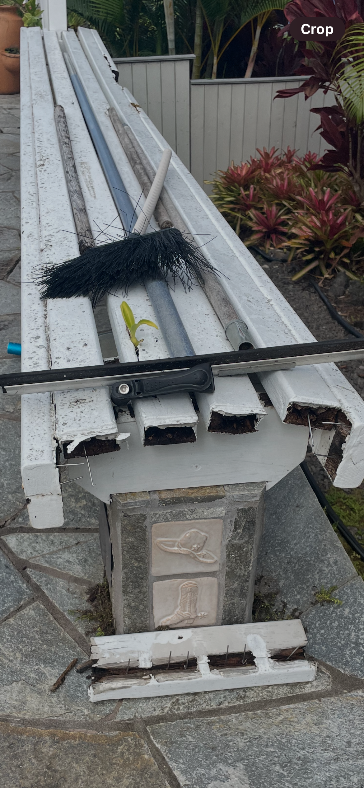 Rotten bench falling apart. 