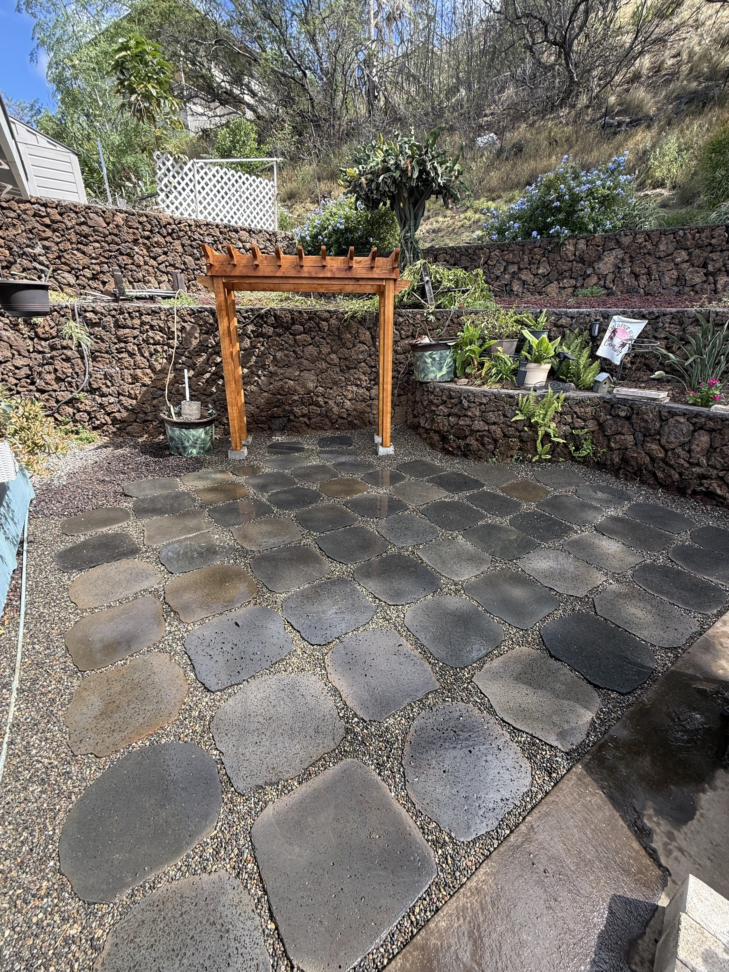 Custom Hardscape installation & Handcrafted Arbor build in Waikoloa