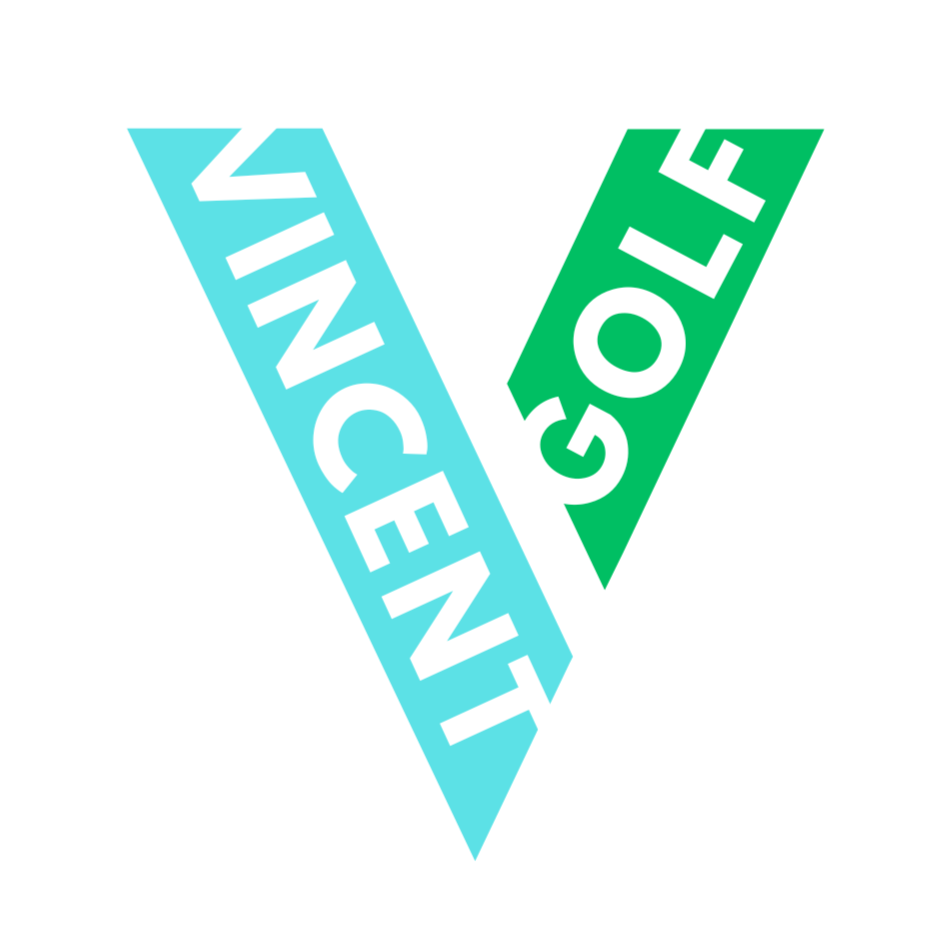 A stylized checkmark shape composed of two sections: one in light blue with the word "VINCENT" and another in green with the word "GOLF," representing a logo.