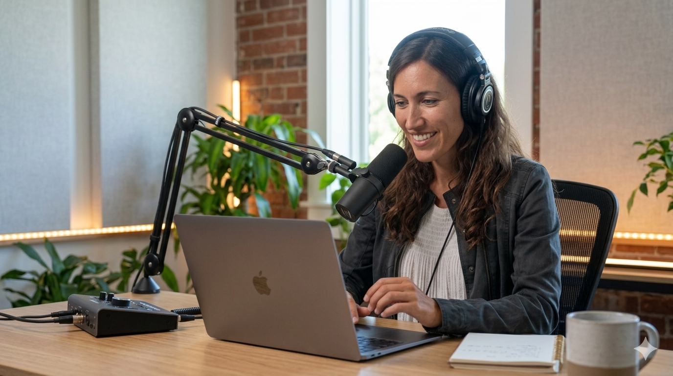 Andi Salcedo wearing professional audio headphones and hosting her podcast in a recording studio with an exposed brick wall.