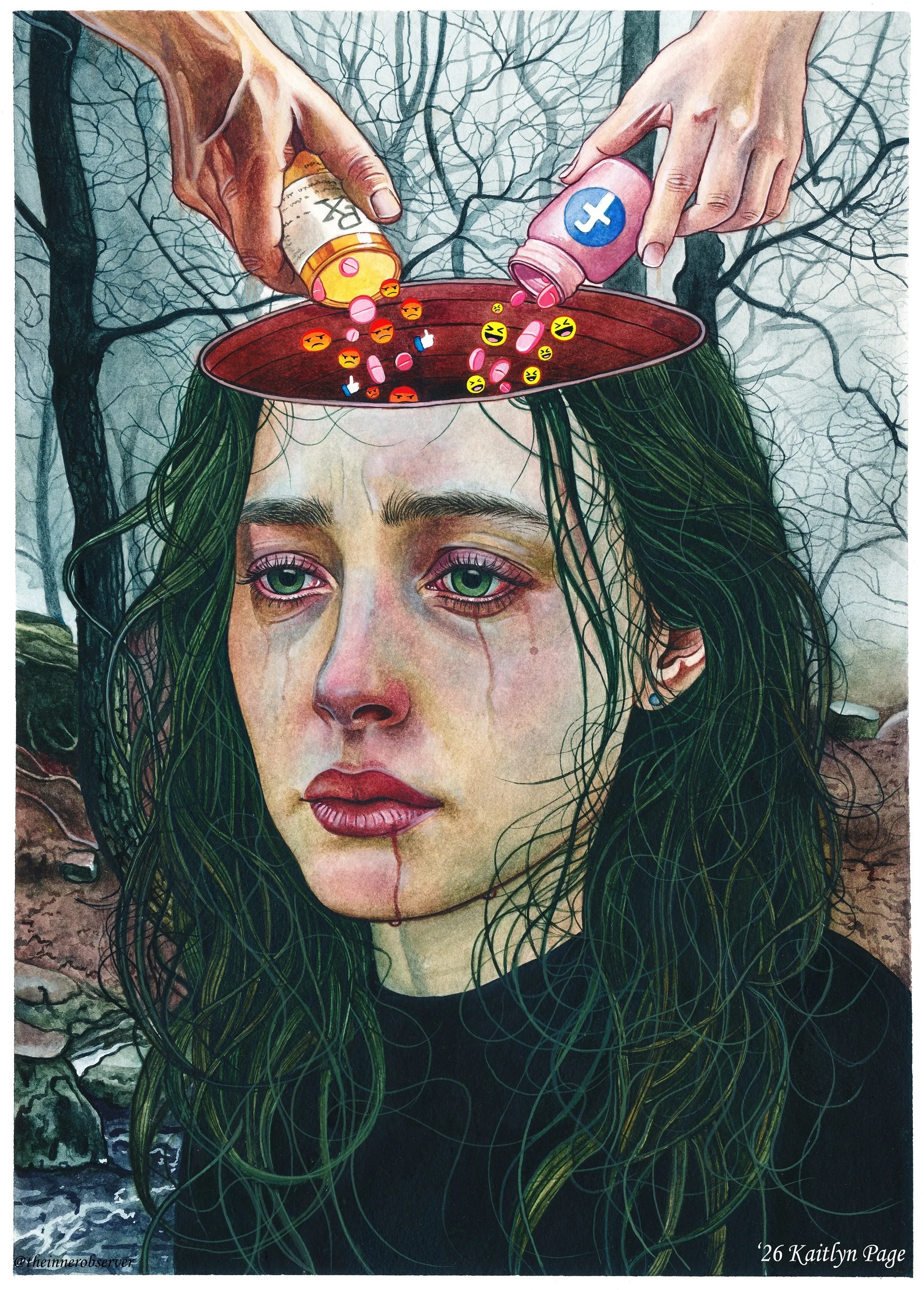 A painting of a woman with long green hair and tearful eyes, with her head opened and pills poured into her brain from two hands, against a background of trees and rocks.