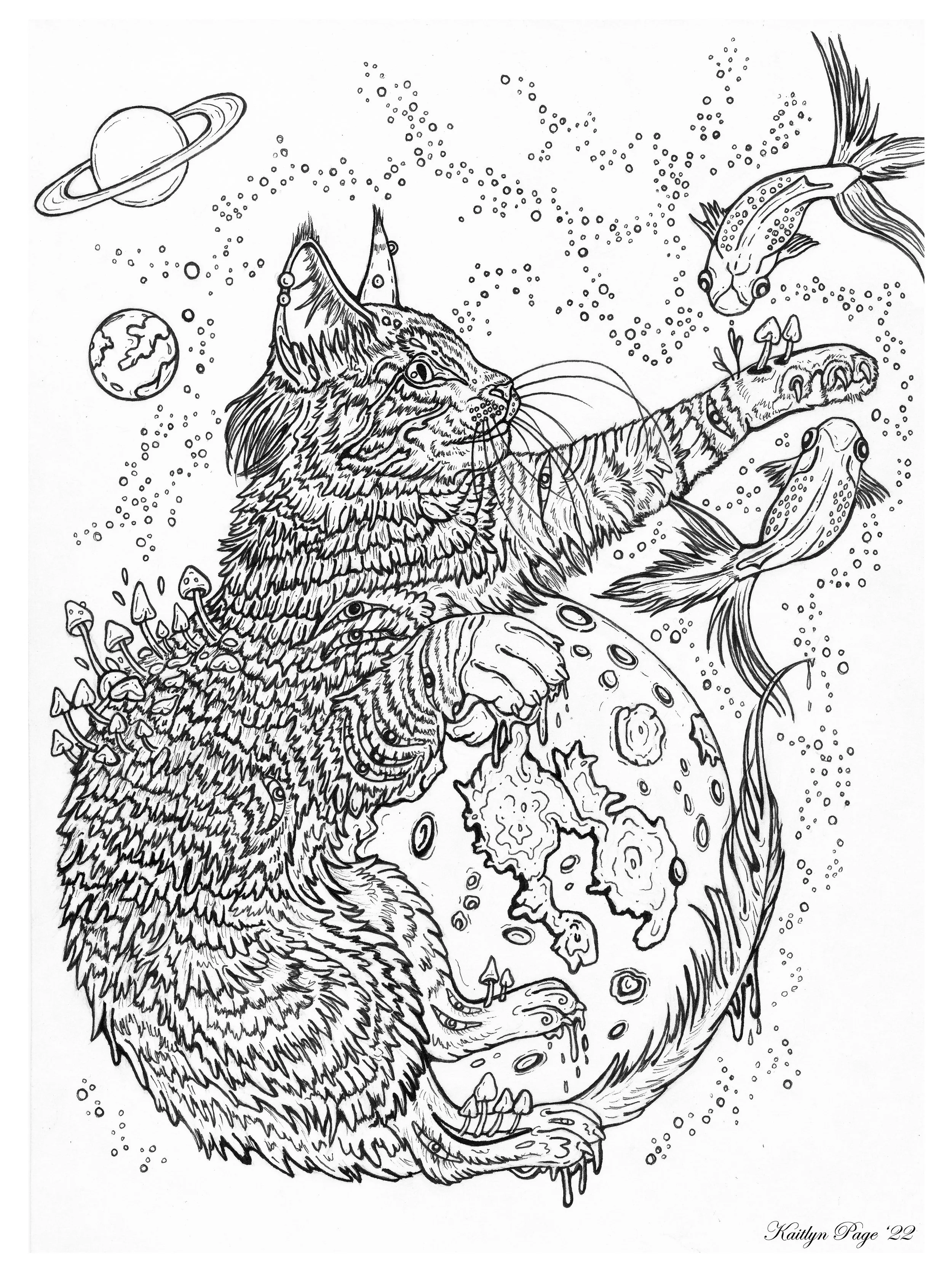 A detailed line drawing of a cat in space, surrounded by planets, stars, and fish. The cat is sitting with its front paws on a planet, reaching out towards a fish with its paw. There are mushrooms and smaller planets in the background.