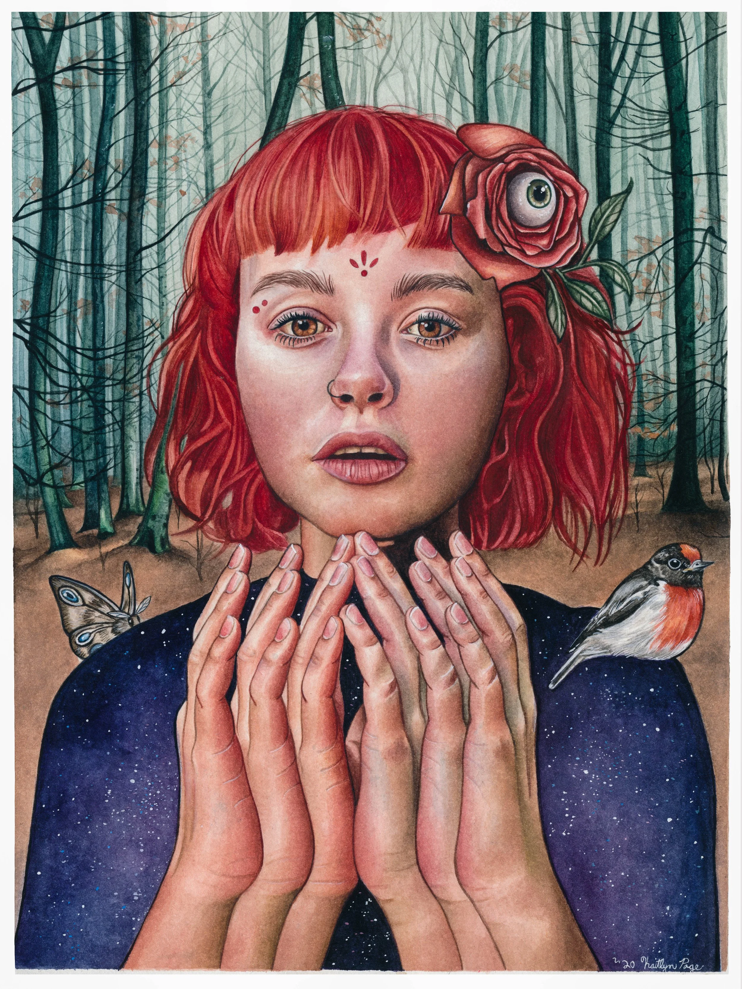A surreal painting of a woman with red hair and a large rose with an eye in the center on her head, standing in a forest background. She has multiple hands in front of her, and is surrounded by butterfly and bird, with her eyes looking forward.