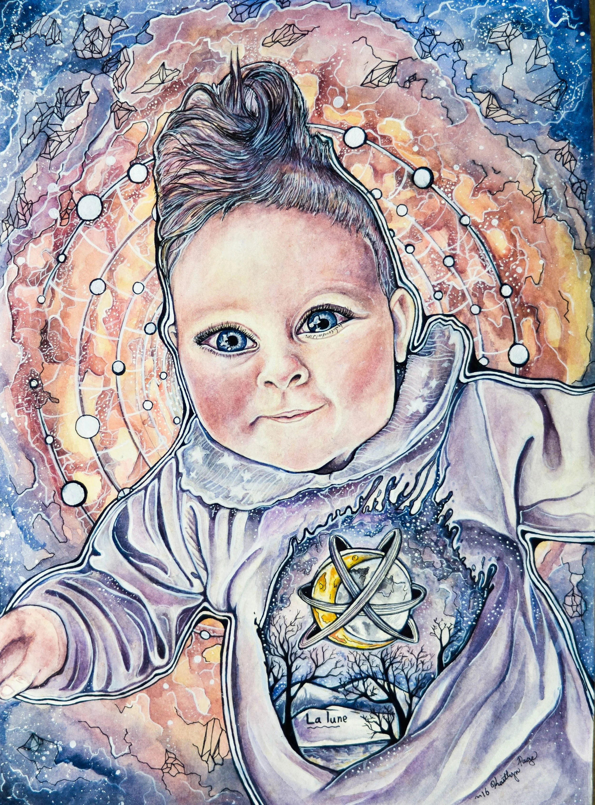 Painting of a baby in a space suit with a cosmic background, featuring planets, stars, and the moon, with the words "La lune" on the moon inside the suit.