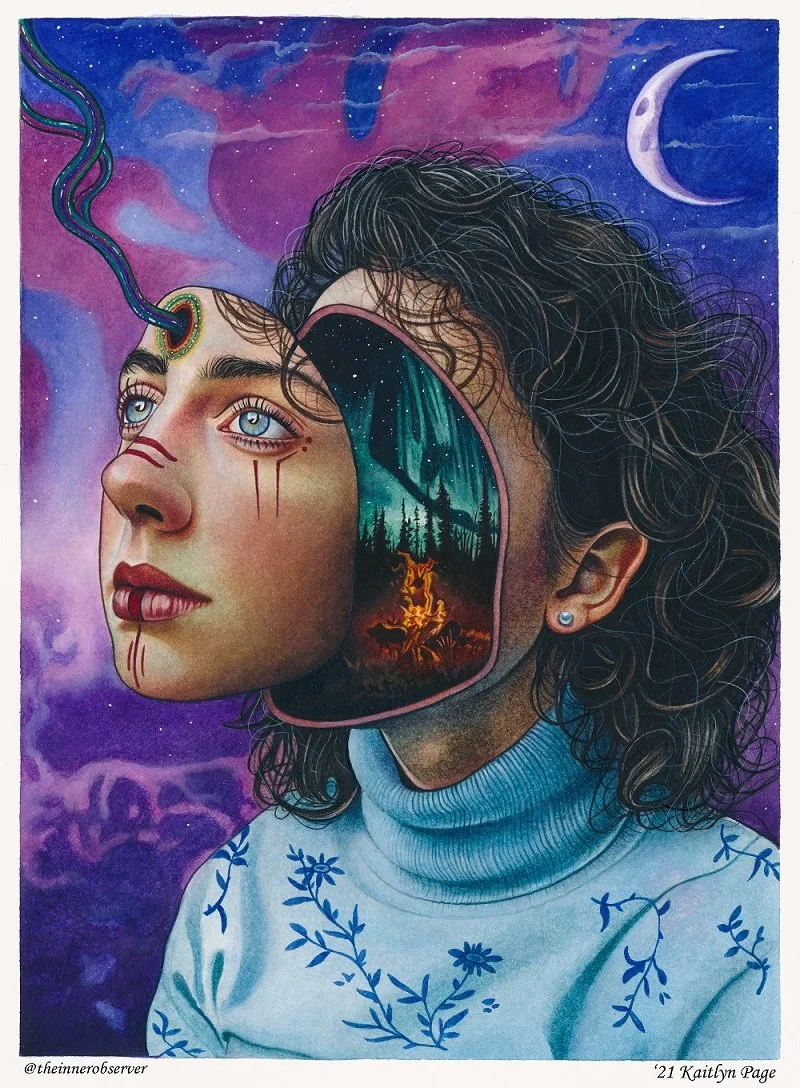 A surreal painting of a woman with curly hair and blue eyes wearing a white sweater with blue floral embroidery. The right side of her face shows an opening revealing a forest landscape with trees and a campfire under a starry sky and moon. The left side of her face features a mystical, spiraling connection to a cosmic background with nebulae and stars.