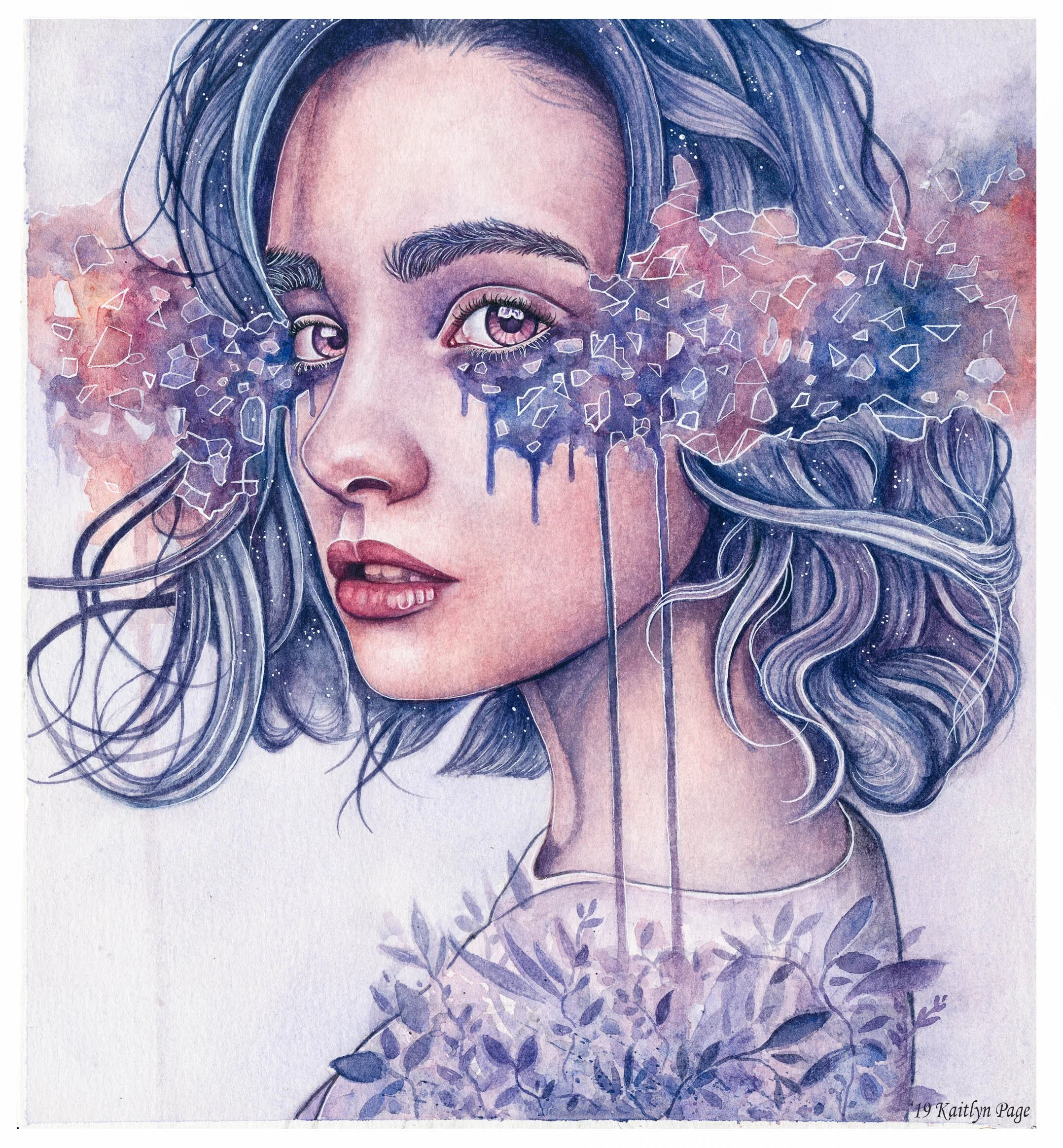 A watercolor painting of a young woman with detailed facial features, purple eyes, and long flowing hair. The hair appears to blend into a cosmic landscape with abstract shapes and light effects, creating a dreamy, surreal atmosphere.