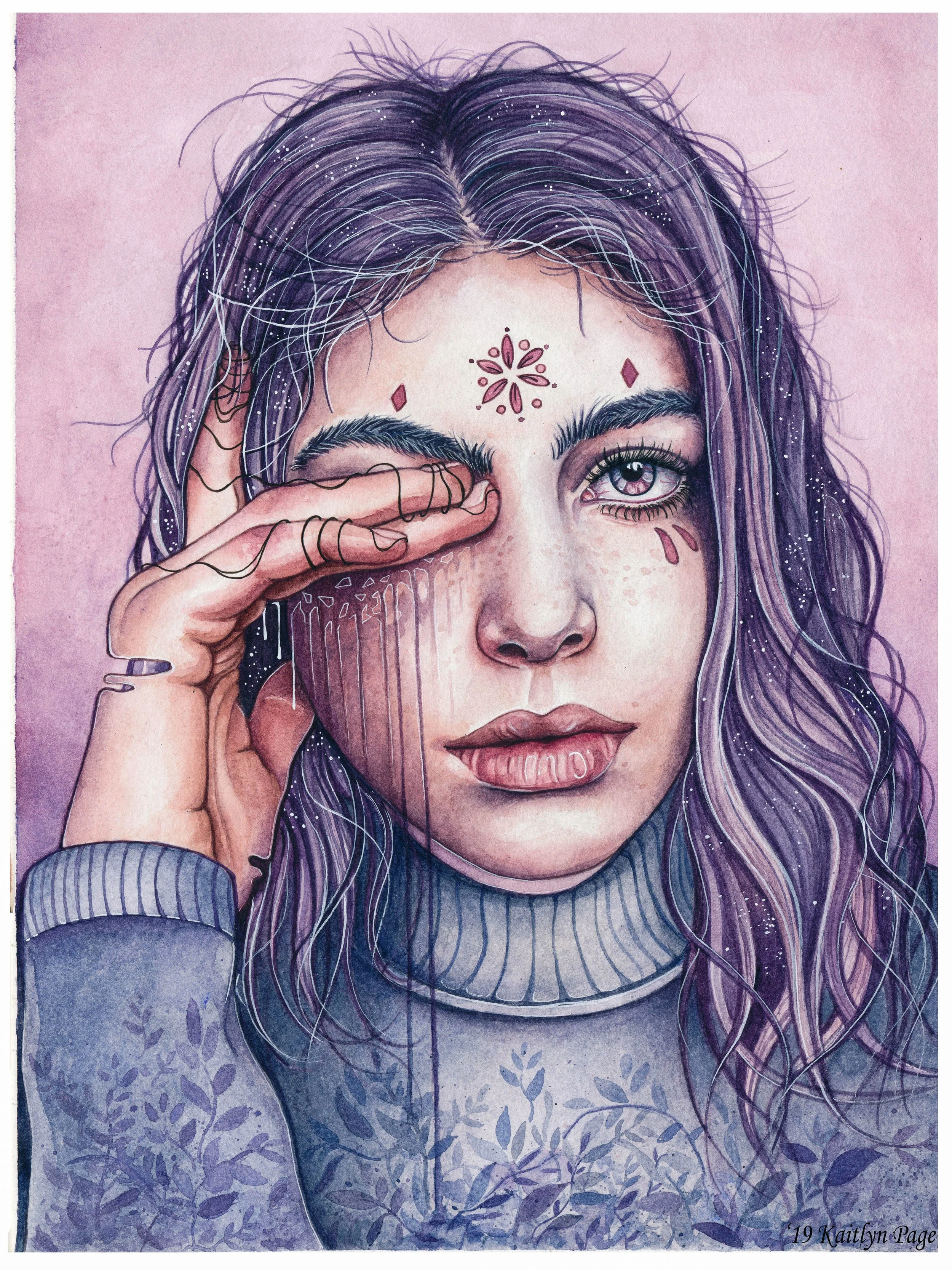 A watercolor portrait of a woman with purple and white wavy hair, holding her hand to her face covering one eye, against a pink background. She has decorative markings on her face and wears a sweater with a leafy pattern.